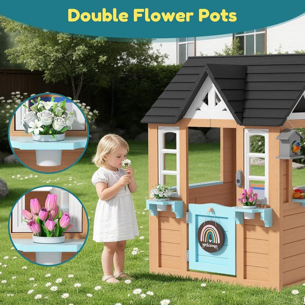 BIERUM Outdoor Playhouse for Kids - Wooden Kid Play House with Play Kitchen, Birdhouse, Flowerpot Holders and Mud Molds, Premium Wood Kids Cottage for Ages 3-8, Backyard Pretend Play, Blue & Brown