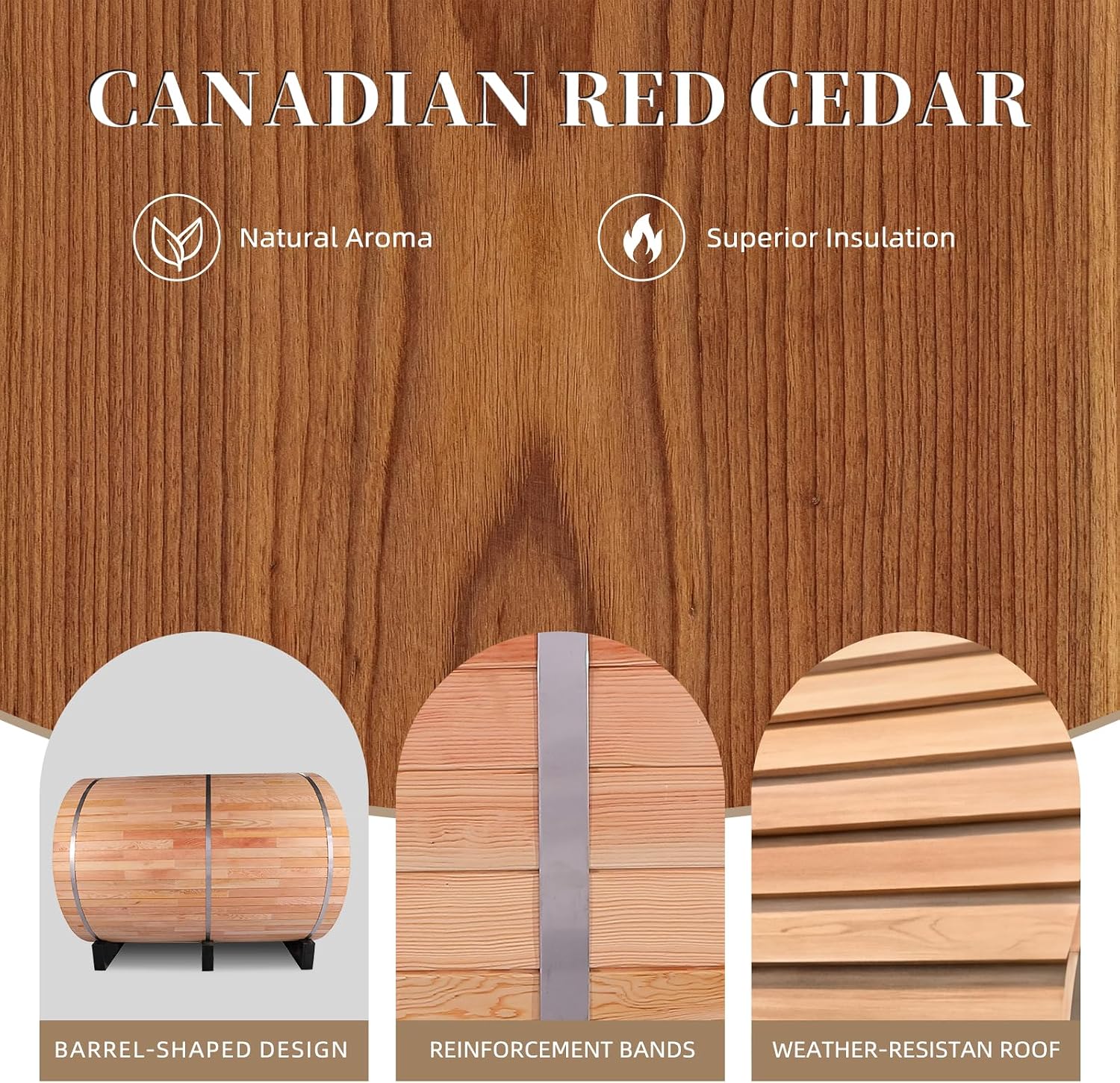 ZONEMEL Wooden Steam Sauna Room with Panoramic View, Canadian Red Cedar Traditional Outdoor Barrel Wood Burning Sauna with Porch, Wood-Fired Stove with Chimney Kit, Wood Shingles, 6-8 Person