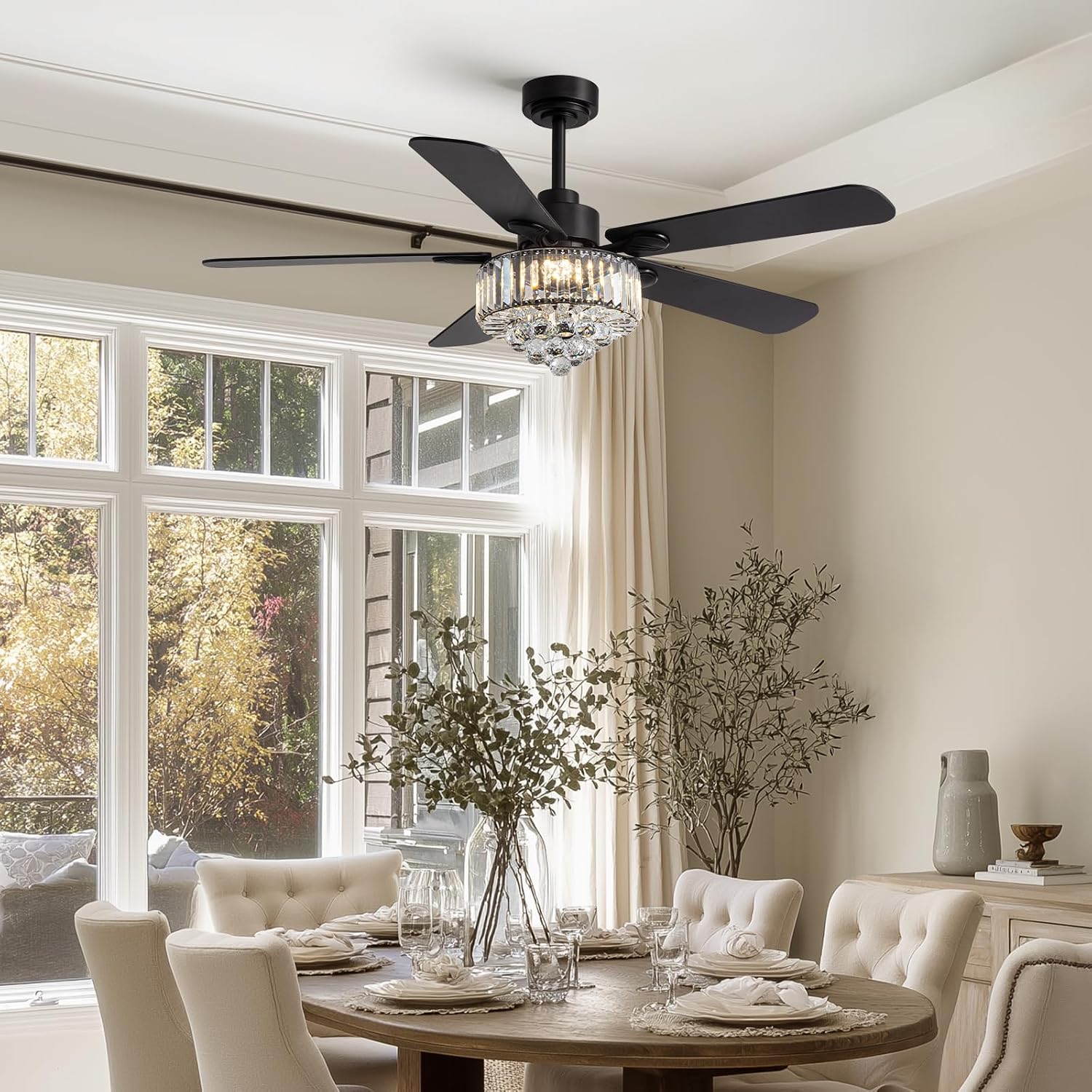 Crystal Fandelier Ceiling Fan with Light,Chandelier Ceiling Fan with Remote and APP Control,Quiet Light for Bedroom, 3 Color Temperature, 52 Inch vintage ceiling fan With 6 Speeds