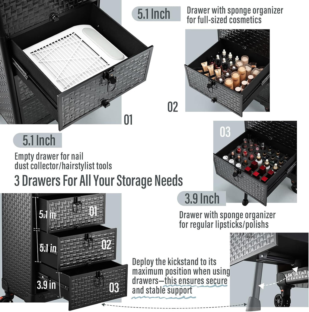 Yueieoun Salon Cart with 3 Drawers, Nail Trolley Cart with Wheels Salon Station Rolling Makeup Train Case Cosmetology Case Organizer Cases for Nail Tech,SPA,Face Painting,Hairstylist,Makeup Artist