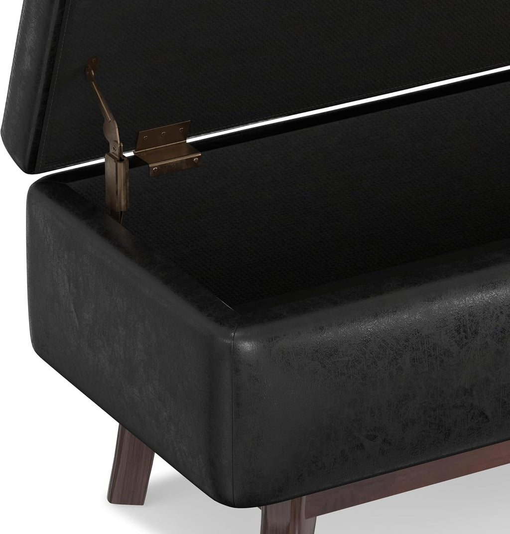 SIMPLIHOME Owen Small Rectangular Storage Ottoman - 36 inch Wide Upholstered Vegan Leather Lift-Top Ottoman in Distressed Black, Mid-Century Modern Ottoman for Living Room with Tufted Detail