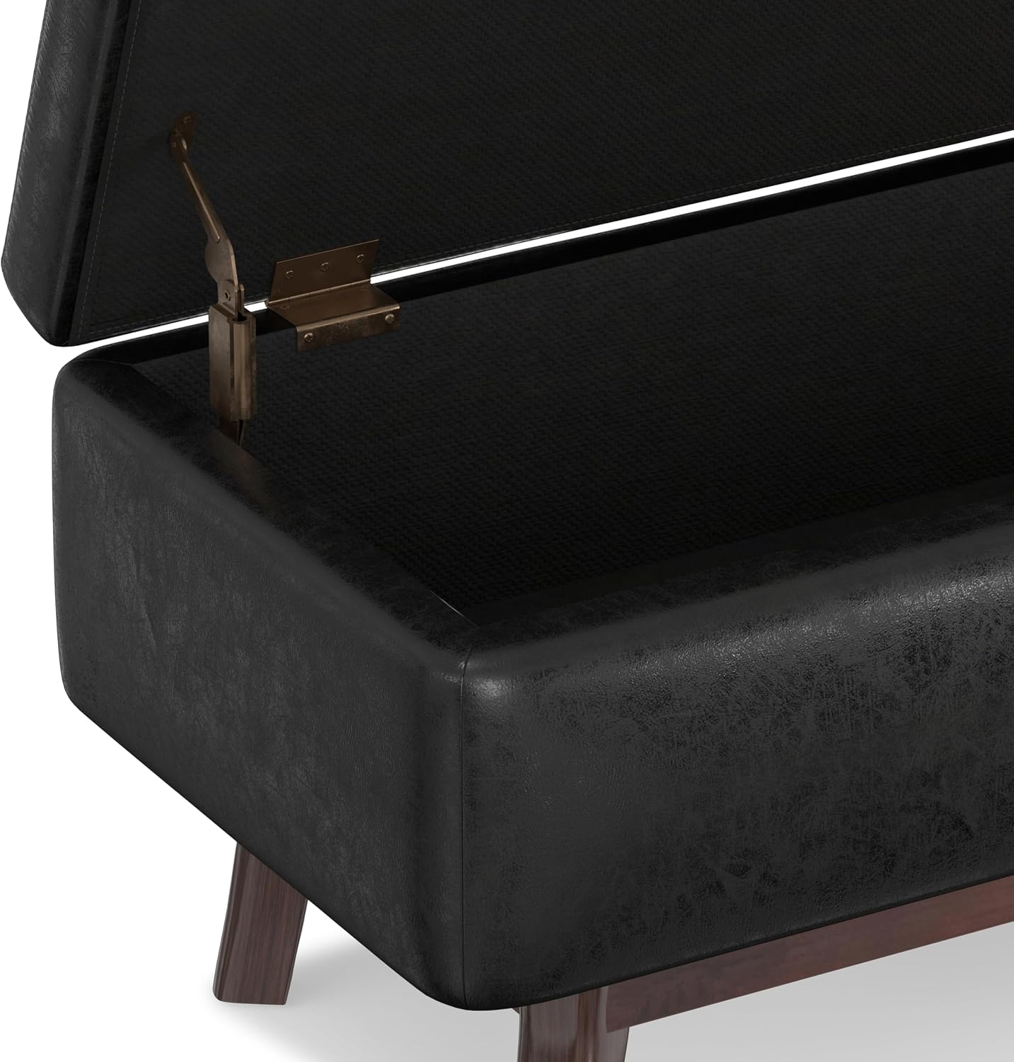 SIMPLIHOME Owen Small Rectangular Storage Ottoman - 36 inch Wide Upholstered Vegan Leather Lift-Top Ottoman in Distressed Black, Mid-Century Modern Ottoman for Living Room with Tufted Detail