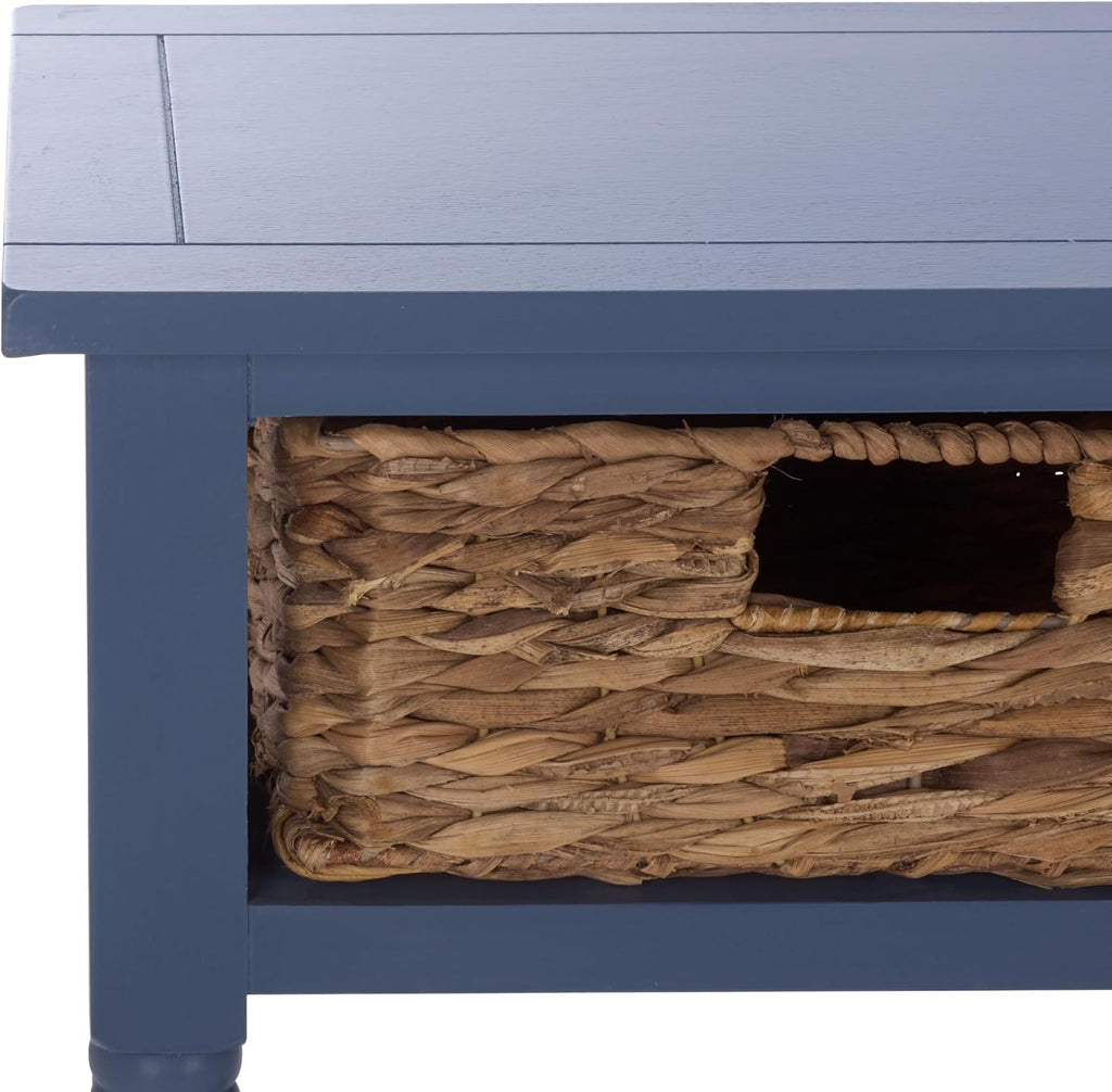SAFAVIEH Home Collection - Christa Entryway Console Table, Blue Solid Wood 3-Drawer Storage Sofa Table with Rattan Baskets (AMH5737H)