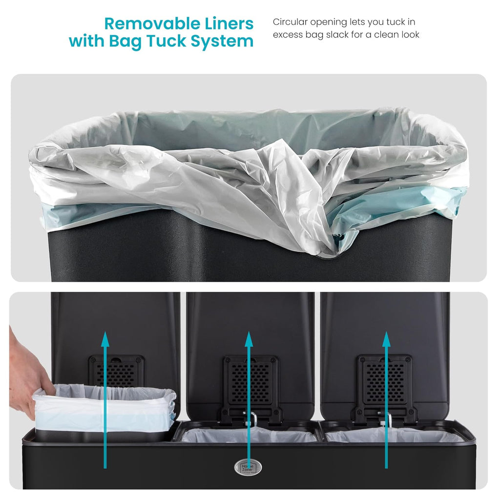 Home Zone Living 24 Gallon Large Kitchen Trash Can with Three Compartments | Stainless Steel with Soft-Close Step Pedal Lids for Recycling, Rectangular Shape, Black