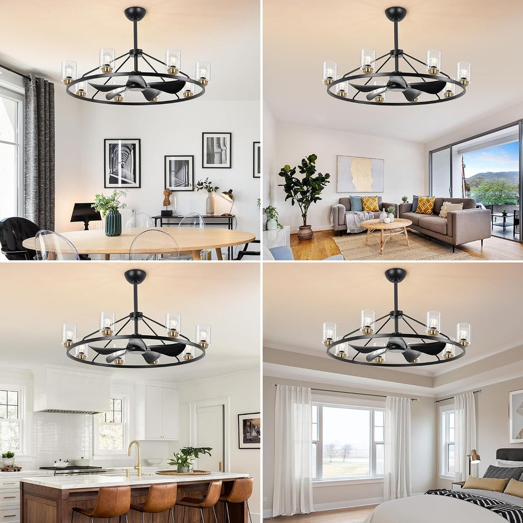 44 inch Ceiling Fans with Lights Wagon Wheel Chandelier, Farmhouse Fandelier Black Gold Fans with Glass Lampshade Light Fixture,App control,6 Speed,Timing,Adjustable Height for Dining Room Living Room