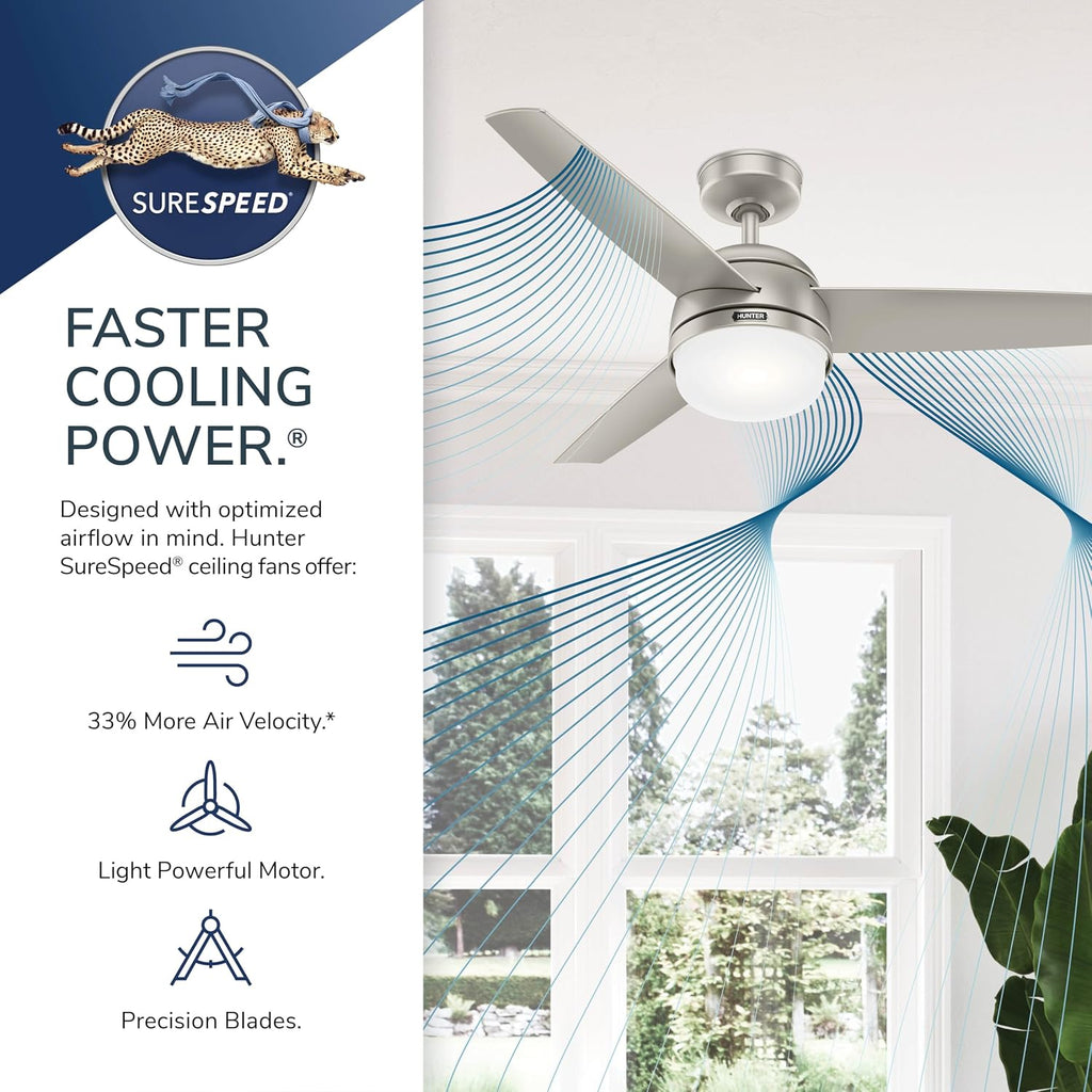 Hunter 48 inch Indoor Ceiling Fan with LED Light and Remote Control - Standard Mount Ceiling Fan, 3 Blades, For Bedroom, Living Room, or Kitchen, Quiet - Midtown 54212, Matte Nickel