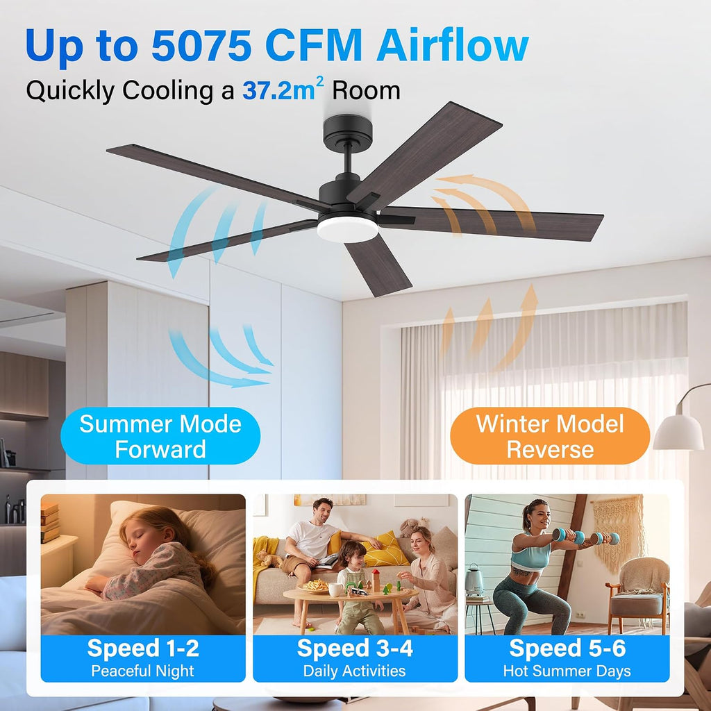 Lorpies 60' Smart Ceiling Fan with Lights Remote,Control via Alexa Google App Wifi,Silent DC Motor,Dimmable,Outdoor Indoor Modern Ceiling Fans for Large Bedroom Living Room Kitchen Patio,Black&Walnut