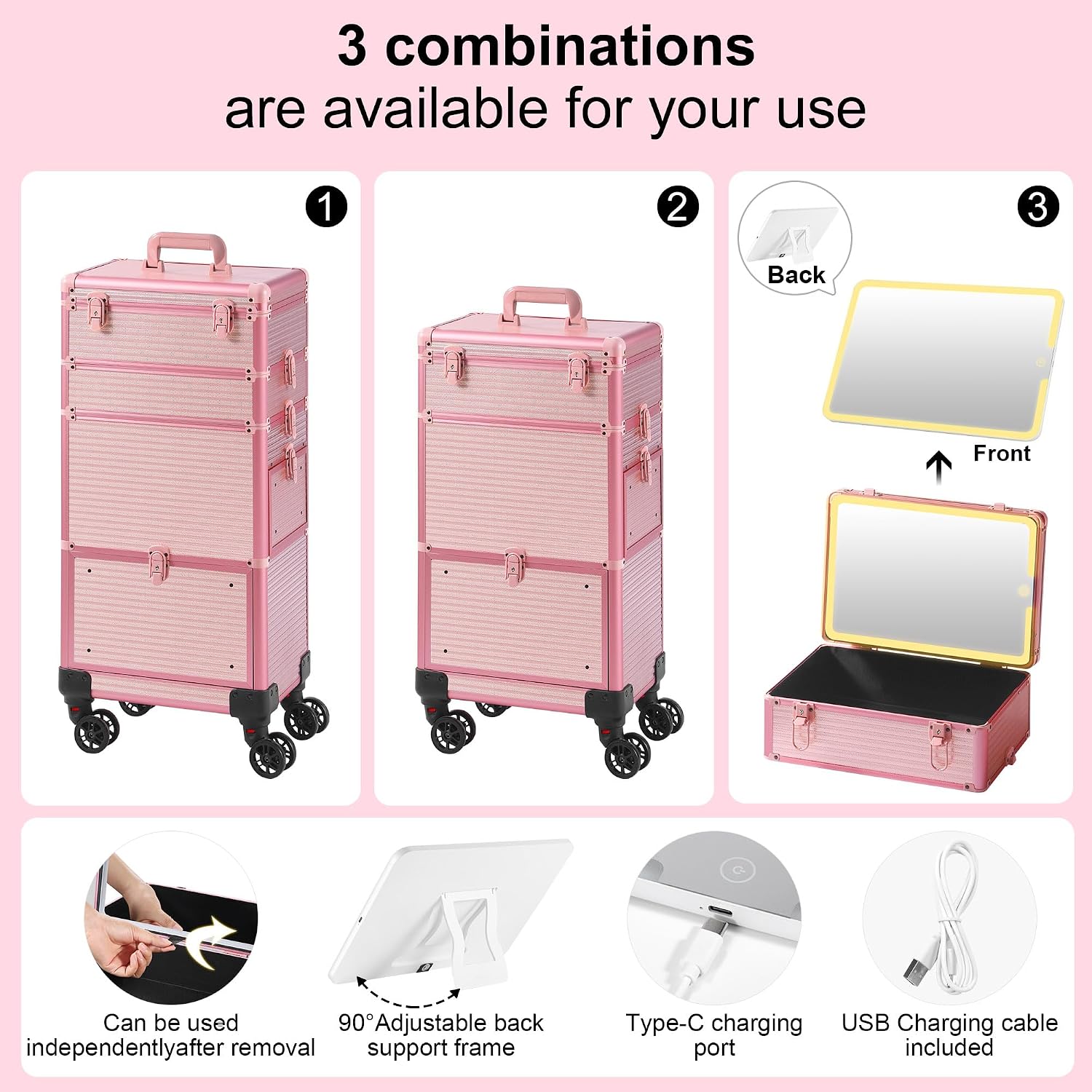 Somduy Makeup Train Case with LED Mirror, Rolling Makeup Case with Drawers, Cosmetology Case on Wheels, Gift, Travel Makeup Organizers, Profesional Cosmetic Case for Salon Barber,Nail,Tattoo, Pink