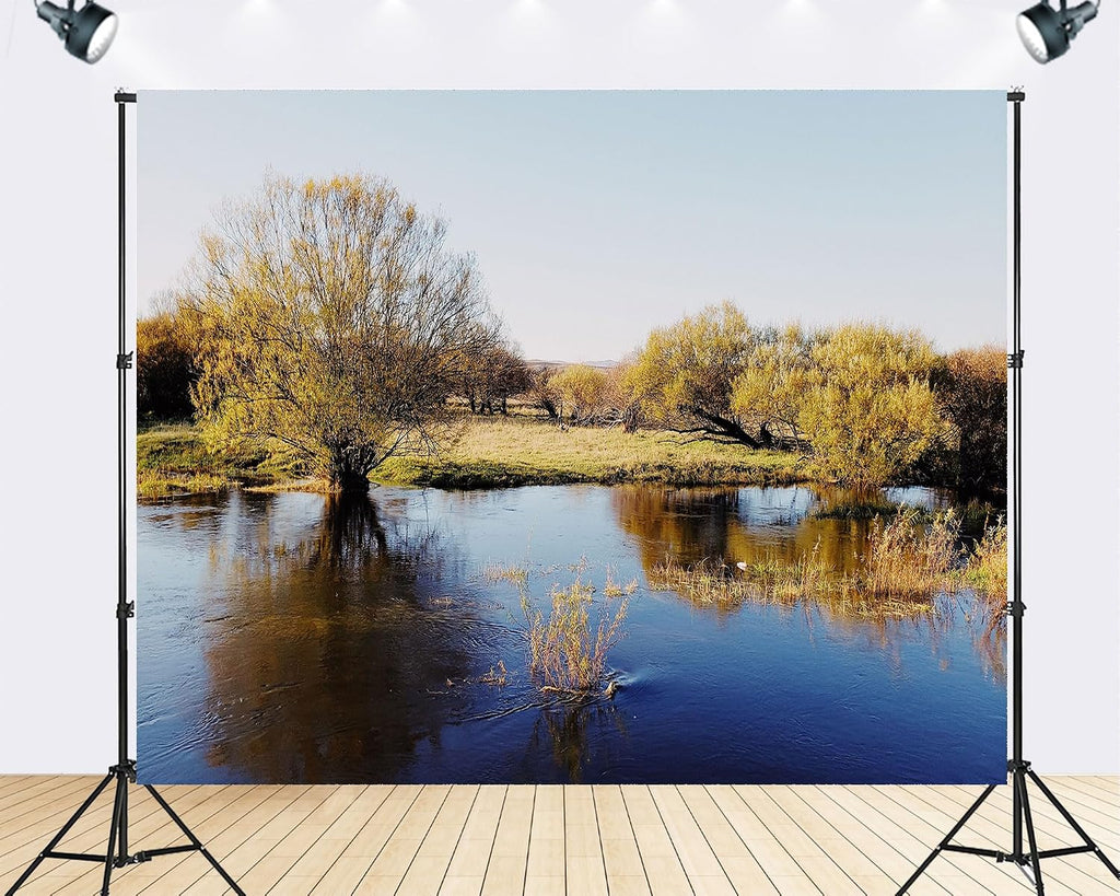 Trykid 20x10ft Autumn Trees River Reflection Clear Sky Backdrop Serene Natural Landscape Photography Background Outdoor Adventure Event Party Decoration Photo Booth Prop Fabric