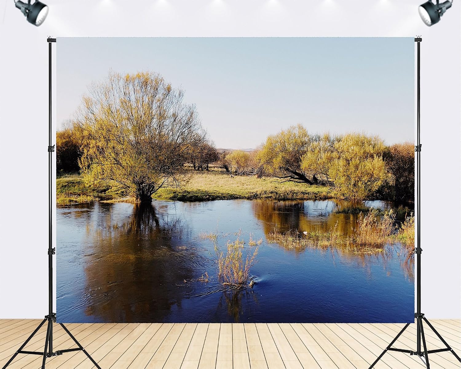 Trykid 20x10ft Autumn Trees River Reflection Clear Sky Backdrop Serene Natural Landscape Photography Background Outdoor Adventure Event Party Decoration Photo Booth Prop Fabric