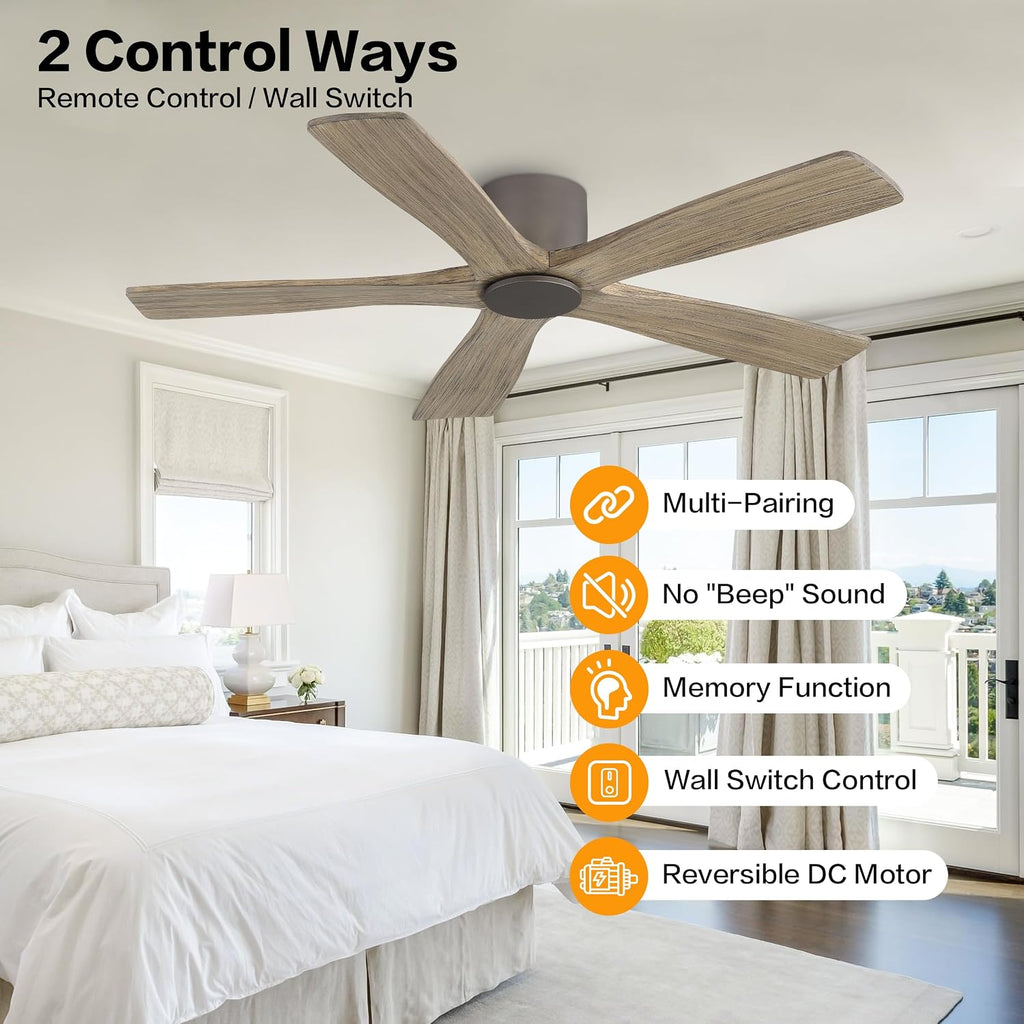 WINGBO 48' Flush Mount DC Ceiling Fans without Lights, 5 Carved Solid Wood Blades, 6-Speed Reversible DC Motor, Low Profile Hugger Ceiling Fan No Light for Living Room Bedroom Patio, Graphite and Gray