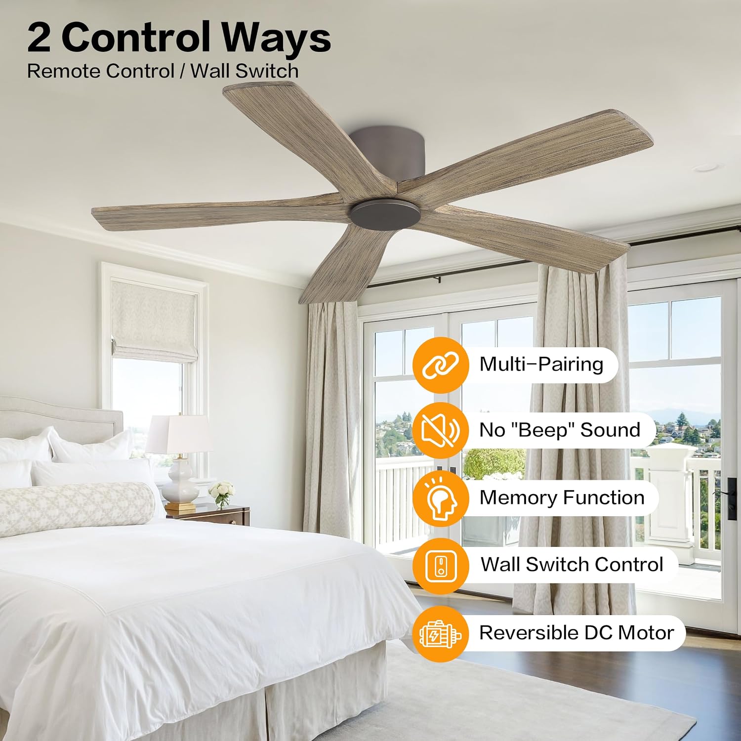 WINGBO 48' Flush Mount DC Ceiling Fans without Lights, 5 Carved Solid Wood Blades, 6-Speed Reversible DC Motor, Low Profile Hugger Ceiling Fan No Light for Living Room Bedroom Patio, Graphite and Gray
