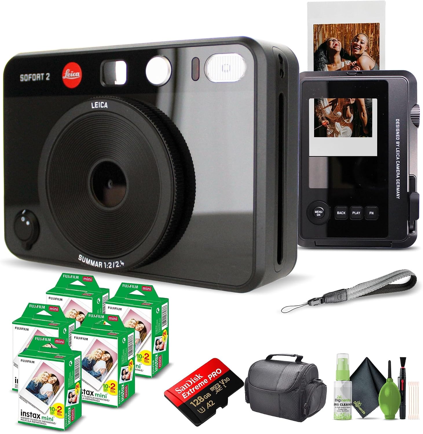 Leica Sofort 2 Hybrid Instant Photo Film and Digital Camera (Black) (19190) with LCD Display Bundle with Fujifilm Instant Film 100 Sheets + 128 GB Memory Card + Bag + Cleaning Kit