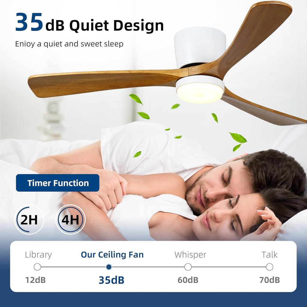 Ceiling Fans with Lights and Remote Control, 42 Inch Solid Wood Blade, Low Profile Flush Mount, LED Dimmable DC Reversible Modern Ceiling Fans with APP Control for Bedrooms, Living Rooms, Patio, White