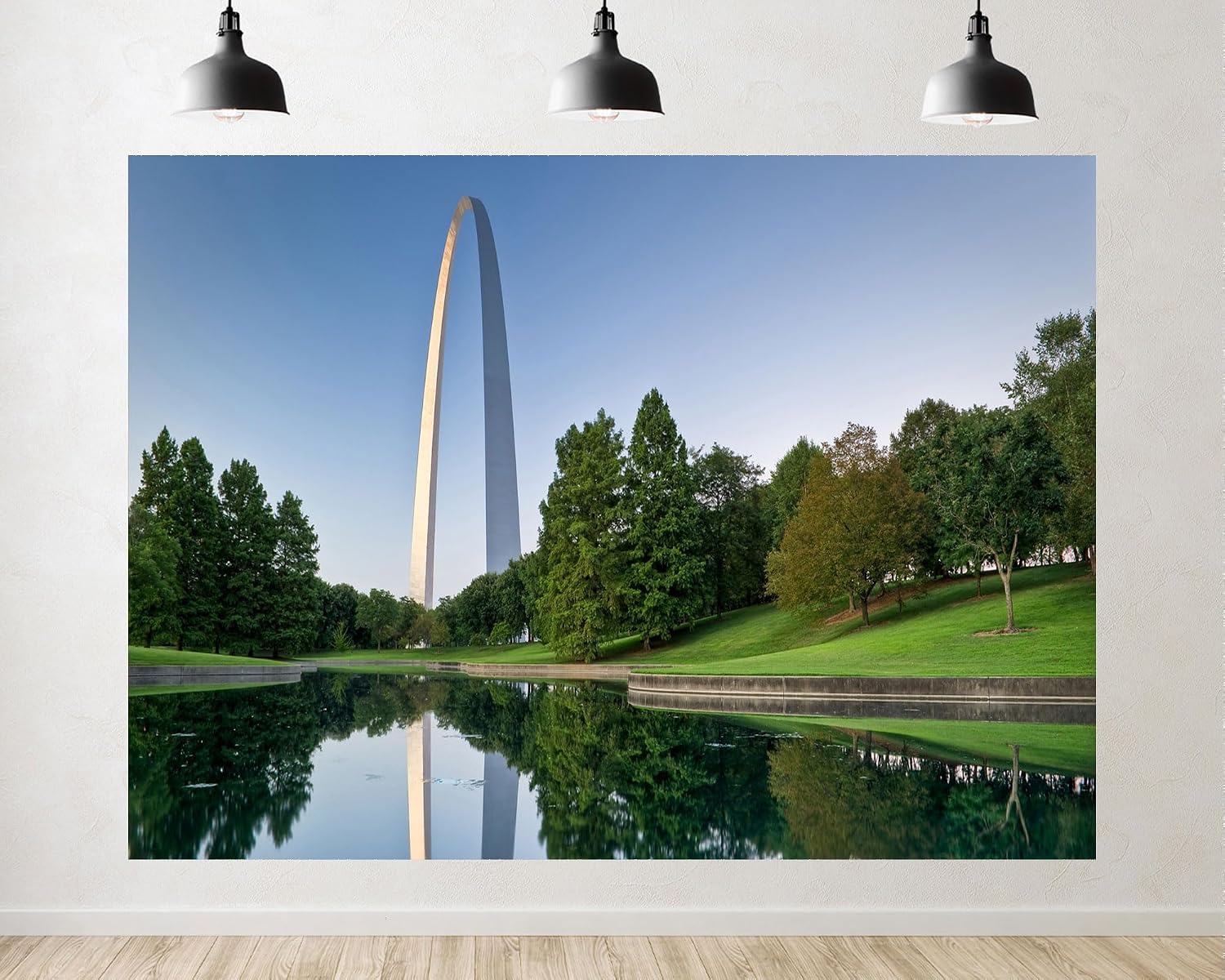 Trykid 20x10ft Gateway Arch Backdrop Reflecting Pool Lush Green Park Clear Blue Sky Iconic Landmark Photography Background Historical Event Party Decoration Photo Booth Prop Fabric