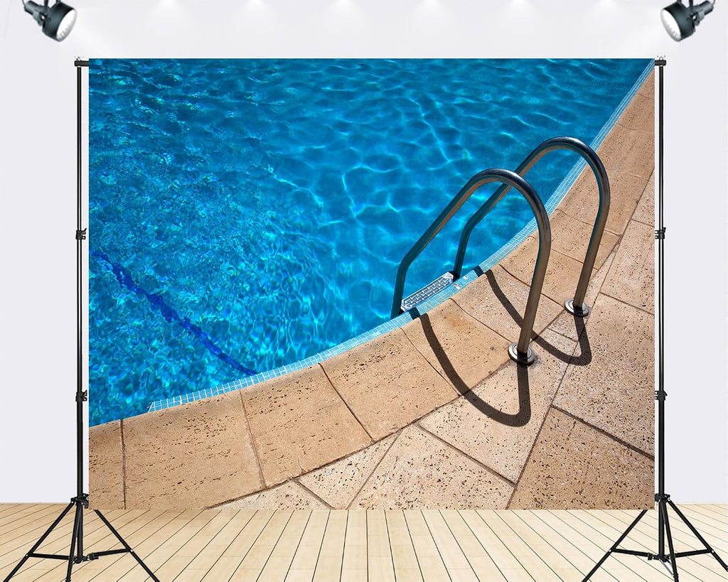 Trykid 20x10ft Swimming Pool Ladder Backdrop Clear Blue Water Stainless Steel Rails Beige Tiles Photography Background Summer Pool Party Birthday Home Decoration Photo Booth Prop Fabric