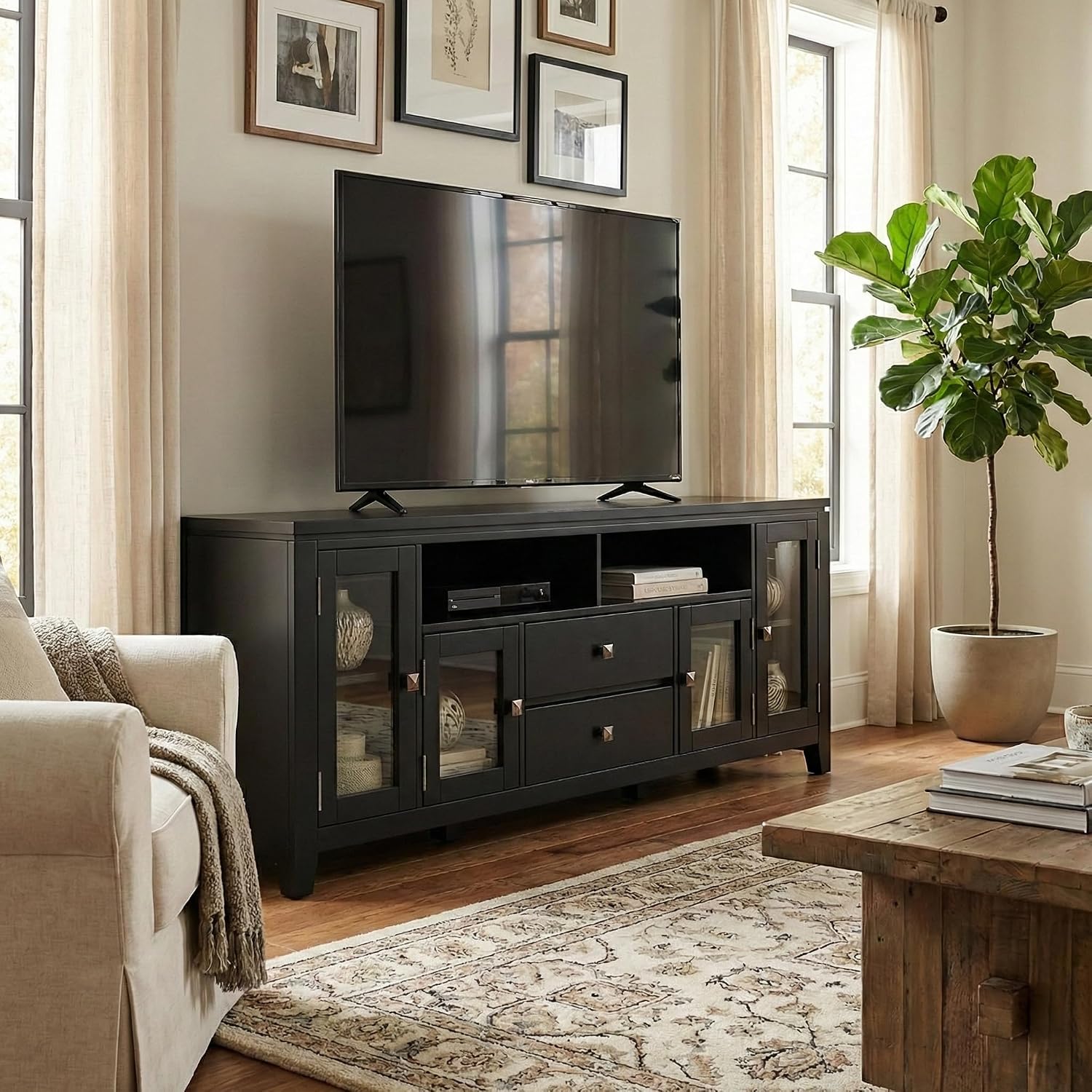 SIMPLIHOME Cosmopolitan TV Stand - 72 inch Wide Solid Wood Media Console in Black, Contemporary Entertainment Center for Living Room for TVs up to 80 Inches with Drawers and Cable Management