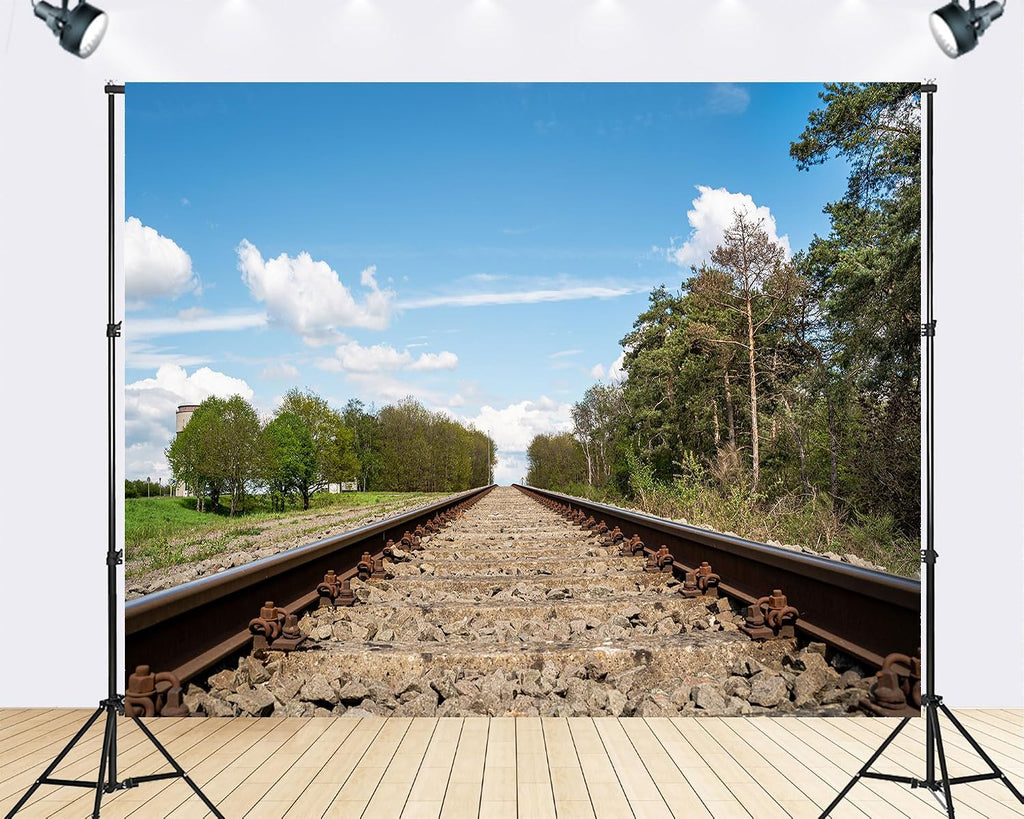Trykid 20x10ft Rural Railway Tracks Backdrop Clear Blue Sky Trees Horizon Landscape Photography Background Road Trip Party Decoration Travel Event Photo Booth Prop Fabric