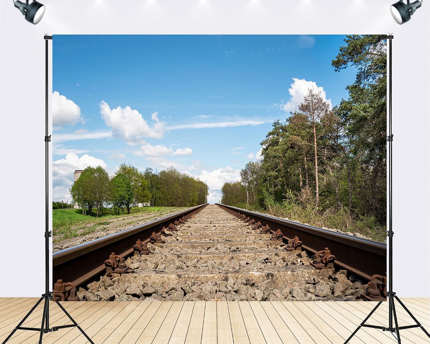 Trykid 20x10ft Rural Railway Tracks Backdrop Clear Blue Sky Trees Horizon Landscape Photography Background Road Trip Party Decoration Travel Event Photo Booth Prop Fabric