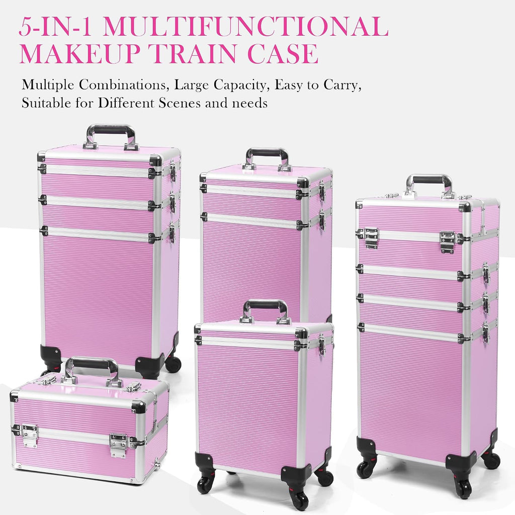 5-in-1 Rolling Makeup Train Case, Large Professional Cosmetic Trolley Organizer on Wheels with 360° Swivel Wheels, Lockable Black Aluminum Travel Case for Makeup Artists, Nail Techs & Hairstylists