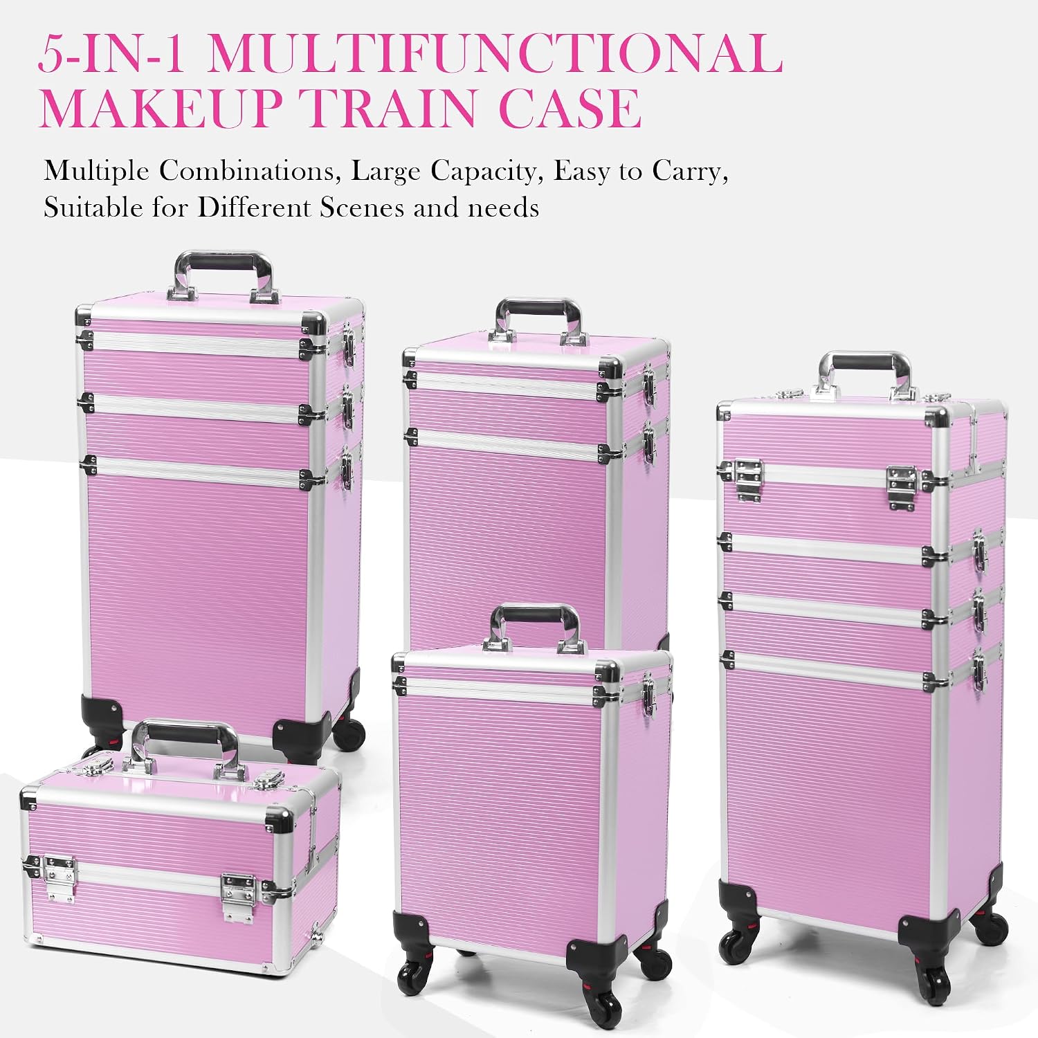 5-in-1 Rolling Makeup Train Case, Large Professional Cosmetic Trolley Organizer on Wheels with 360° Swivel Wheels, Lockable Black Aluminum Travel Case for Makeup Artists, Nail Techs & Hairstylists
