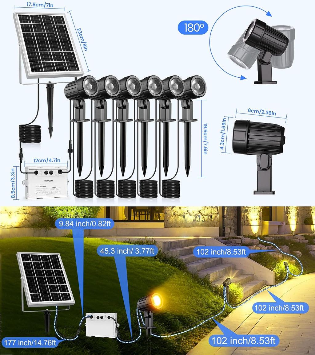 Solar Spot Lights Outdoor 6-in-1, Solar Landscape Lights with 3 Brightness 3 Modes IP66 Waterproof Auto On/Off Outdoor Solar Lights for Yard Pathway Garden Tree (Warm White)