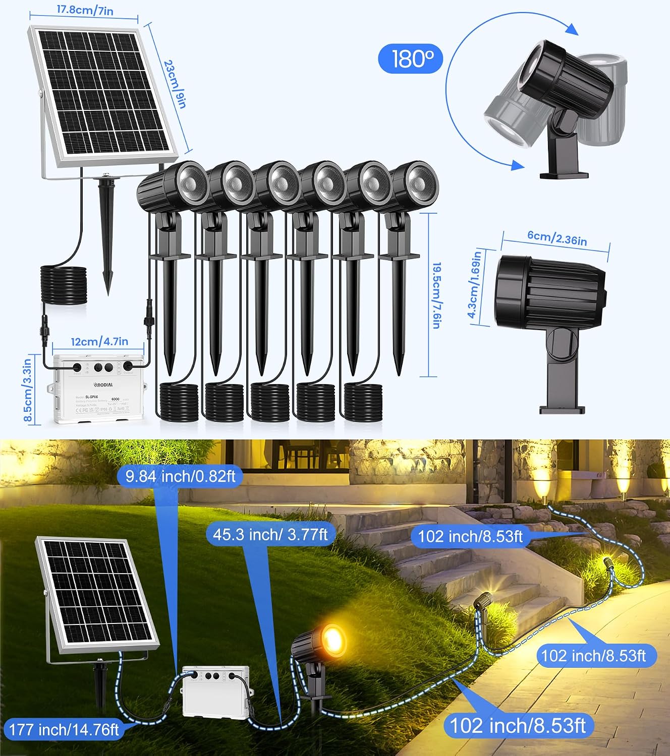 Solar Spot Lights Outdoor 6-in-1, Solar Landscape Lights with 3 Brightness 3 Modes IP66 Waterproof Auto On/Off Outdoor Solar Lights for Yard Pathway Garden Tree (Warm White)