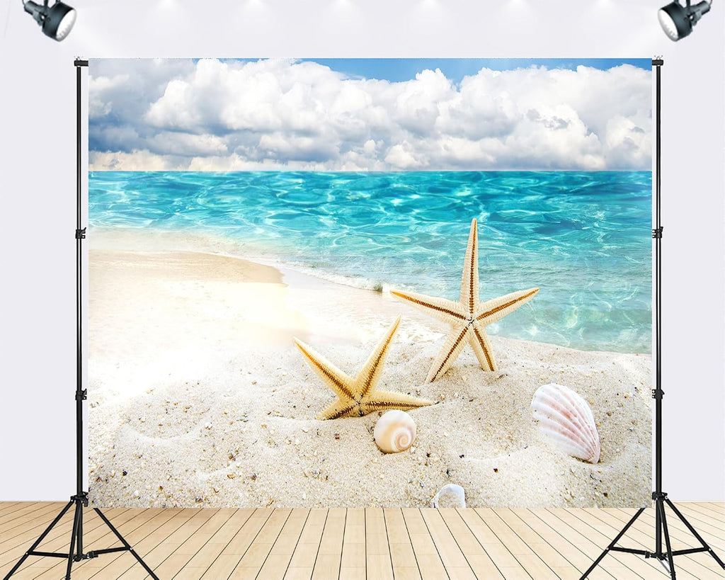 Trykid 20x10ft Beach Starfish Shell Backdrop Clear Water White Cloud Photography Background Summer Vacation Beach Party Tapestry Party Decoration Photo Studio Prop Fabric