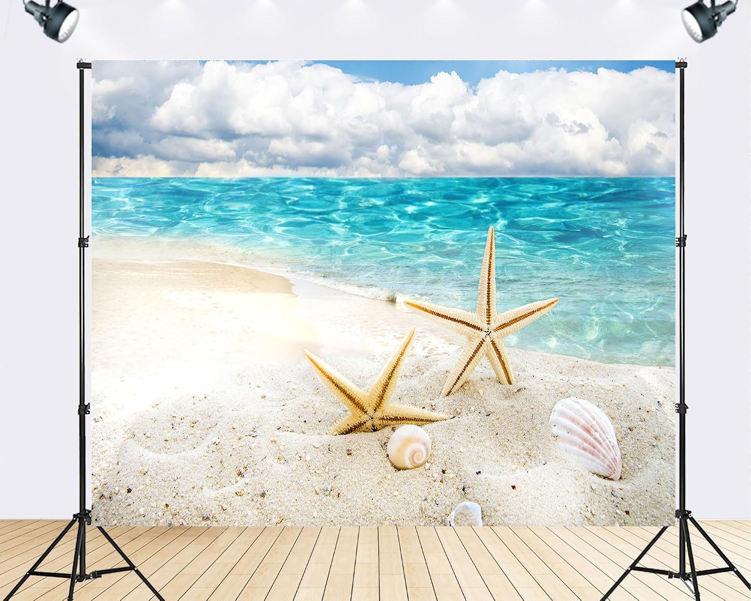 Trykid 20x10ft Beach Starfish Shell Backdrop Clear Water White Cloud Photography Background Summer Vacation Beach Party Tapestry Party Decoration Photo Studio Prop Fabric