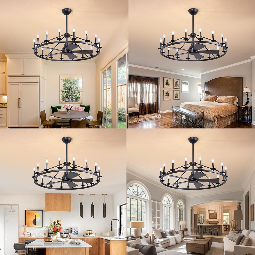 COCOSTAR 44' Black Wagon Wheel Ceiling Fan with 16-Lights, Adjustable Height Farmhouse Fandelier Chandelier for Living Room, E12 Bulb Compatible, Perfect for Summer Cooling and Winter Air Circulation