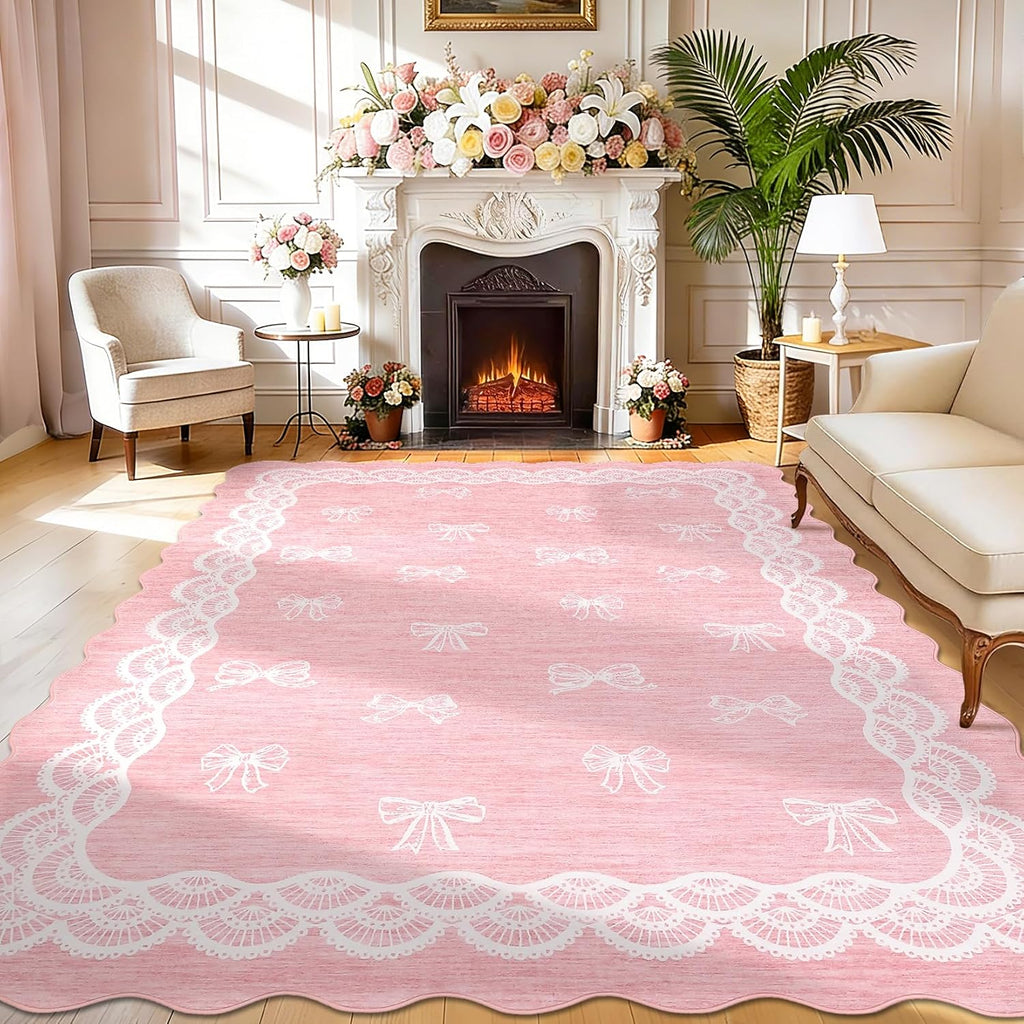 Garvee Scalloped Bow 9x12 Washable Rug for Living Room, Soft Pink Rugs Non-Slip Low Pile Rug Modern Farmhouse Lace Carpet, Stain Resistant Low Pile Floor Cover for Bedroom College Kids Room, Pink