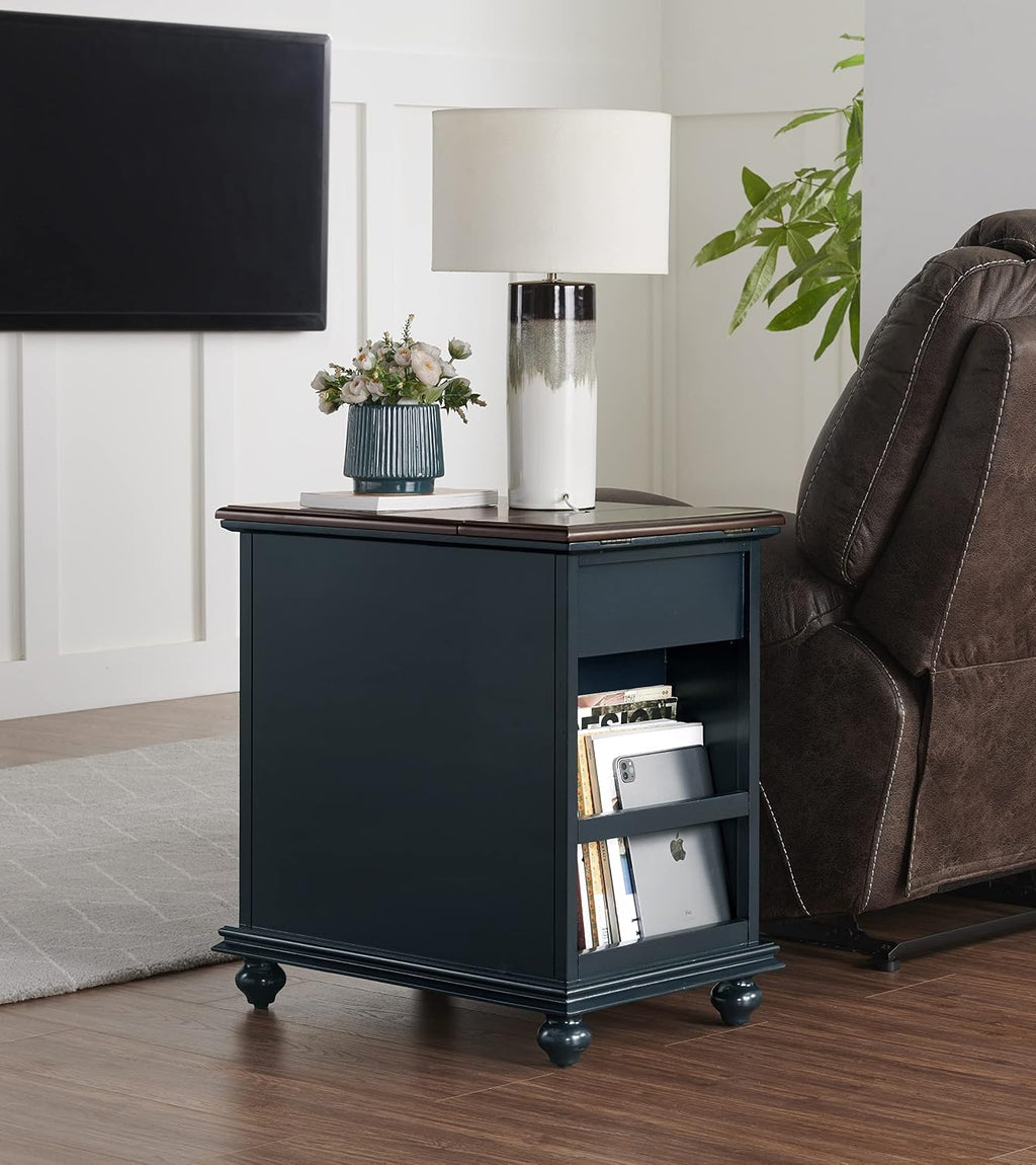 Martin Svensson Home Elegant Chairside End Table with Power — 24″W x 16″D x 25″H, Catalina Blue with Walnut Top — Transitional Painted Accent Table with Flip-Top USB Charging, Drawer & Cabinet Storage