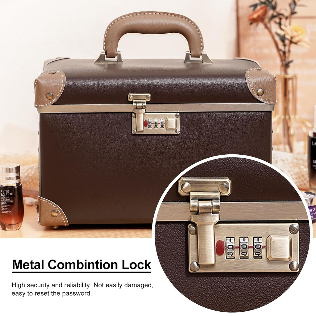 urecity Retro Vintage Makeup Train Case, Brown Artificial Leather, Professional Cosmetic Organizer with Combination Lock, Striped Interior