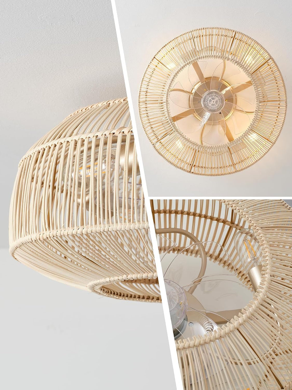 Boho Caged Ceiling Fan with Light, 20' Rattan Flush Mount Ceiling Fans with Lights Remote Contro, Bladeless Enclosed Fandelier Fan Safe for Bedroom, Living room, Nursery