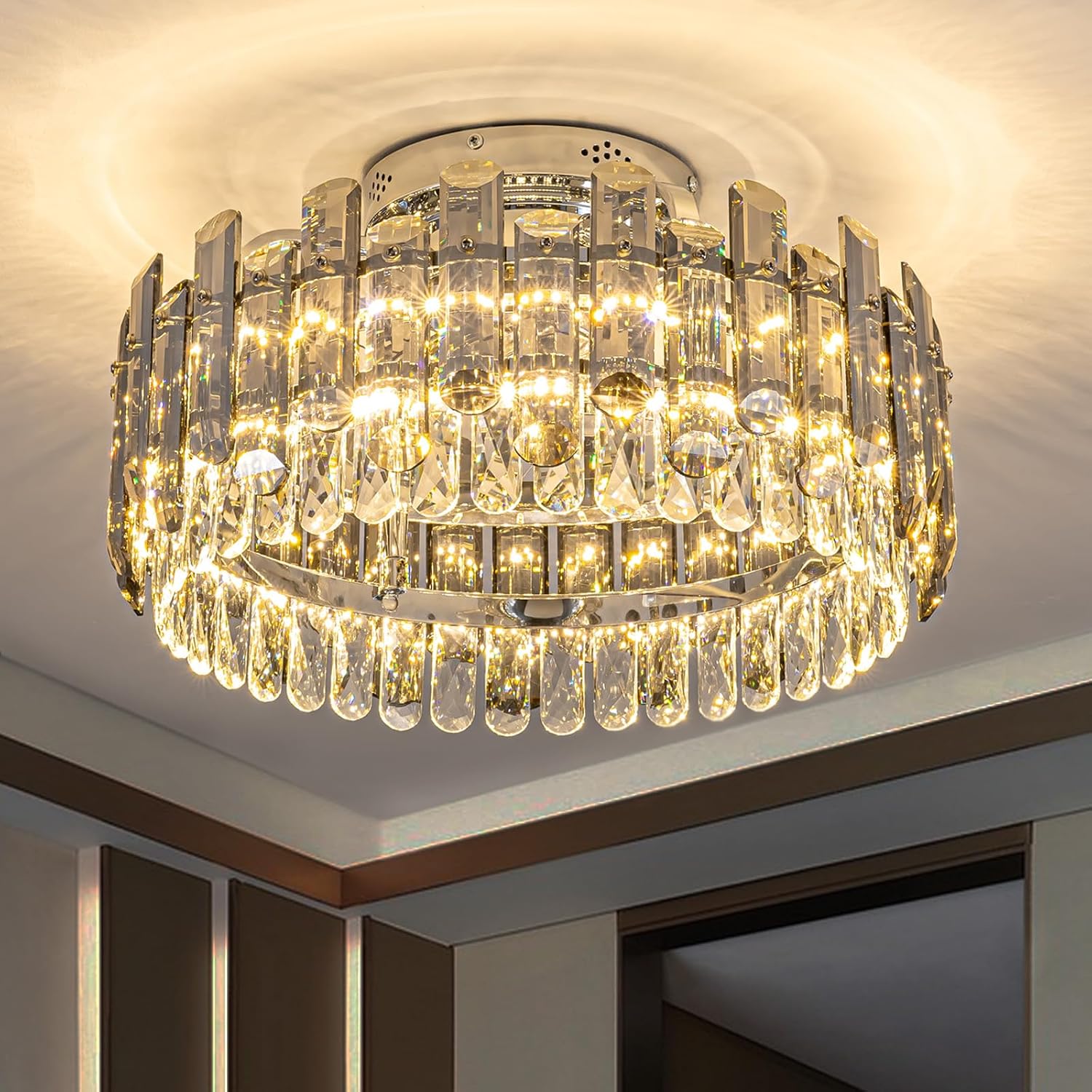 Crystal Ceiling Fan with Lights, Modern Chandelier Ceiling Fan with Remote, 6-Speed Wind, Dimmable LED, 20' Low Profile Ceiling Fan for Bedroom Dining Room Living Room