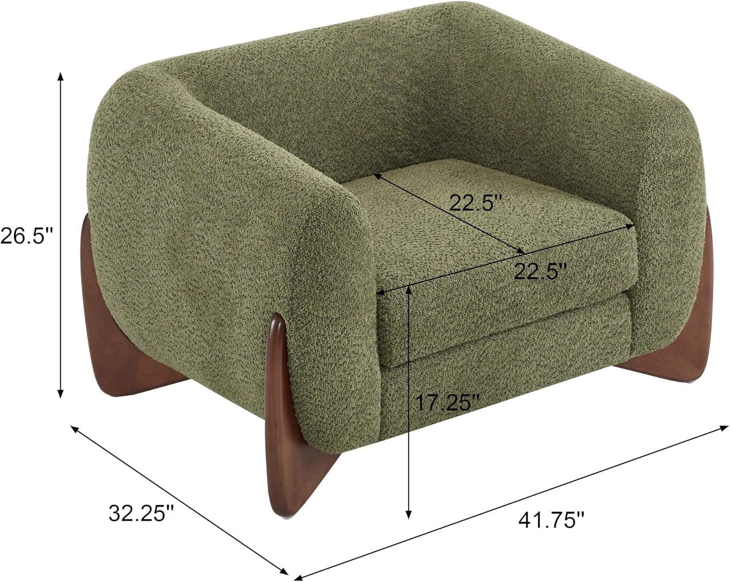 Christopher Knight Home Holly Modern Boucle Fabric Upholstered Club Chair for Living Room, Home Office, Apartment, Relaxing Chair with Removable Cushion and Birch Wood Legs, Olive Green+Walnut