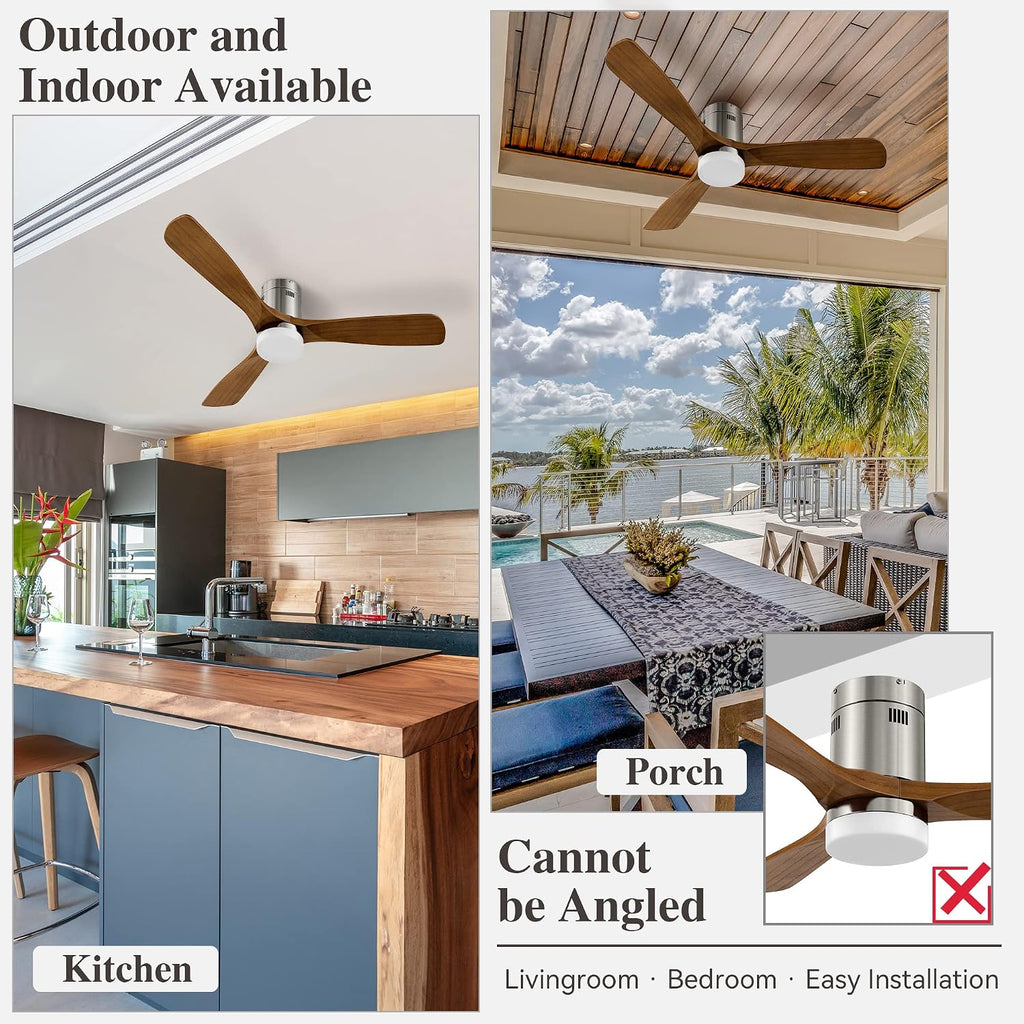SMAAIR 52 Inch Flush Mount Ceiling Fan with Light, Low Profile Outdoor Ceiling Fan with Remote and Dimmable Light, 10 Speed DC Motor, Compatible with Alexa/Google Assistant/Siri Shortcuts (Wood)