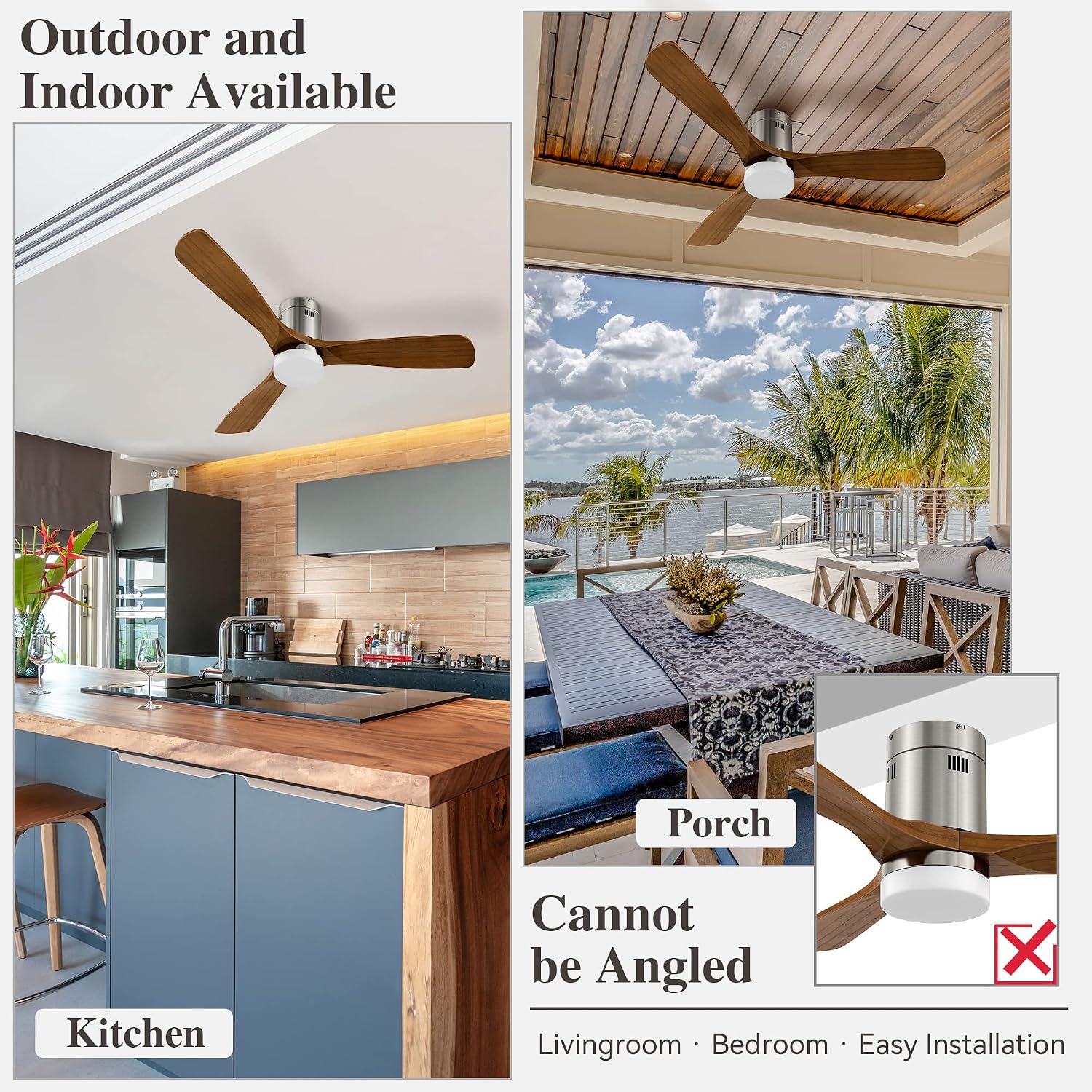 SMAAIR 52 Inch Flush Mount Ceiling Fan with Light, Low Profile Outdoor Ceiling Fan with Remote and Dimmable Light, 10 Speed DC Motor, Compatible with Alexa/Google Assistant/Siri Shortcuts (Wood)