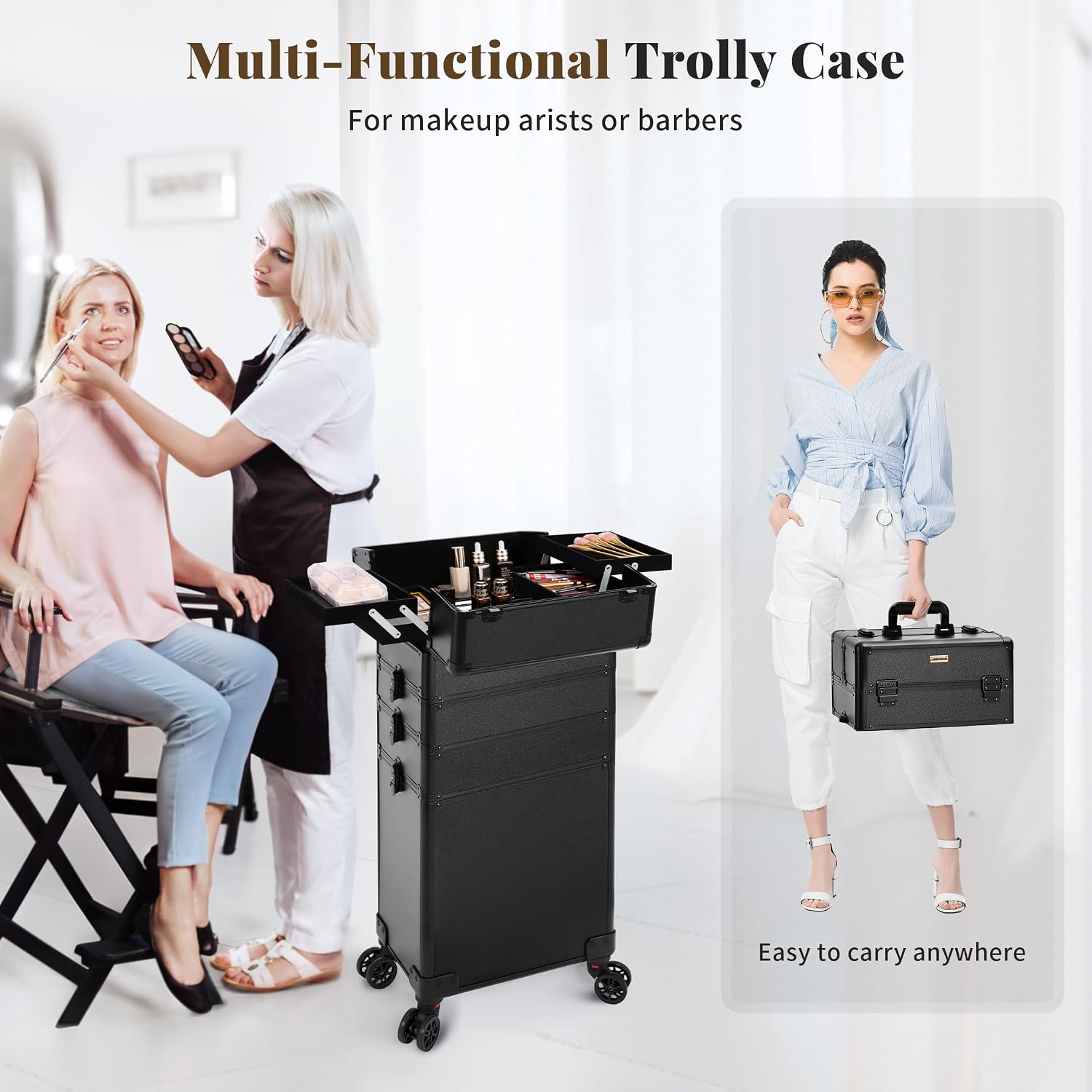 Profesional Rolling Makeup Train Case with Lid, 5 in 1 Cosmetology Case on Wheels, Large Cosmetic Trolley Organizer Travel for Hairstylist Artist Nail Beauty Salon Barber, Black