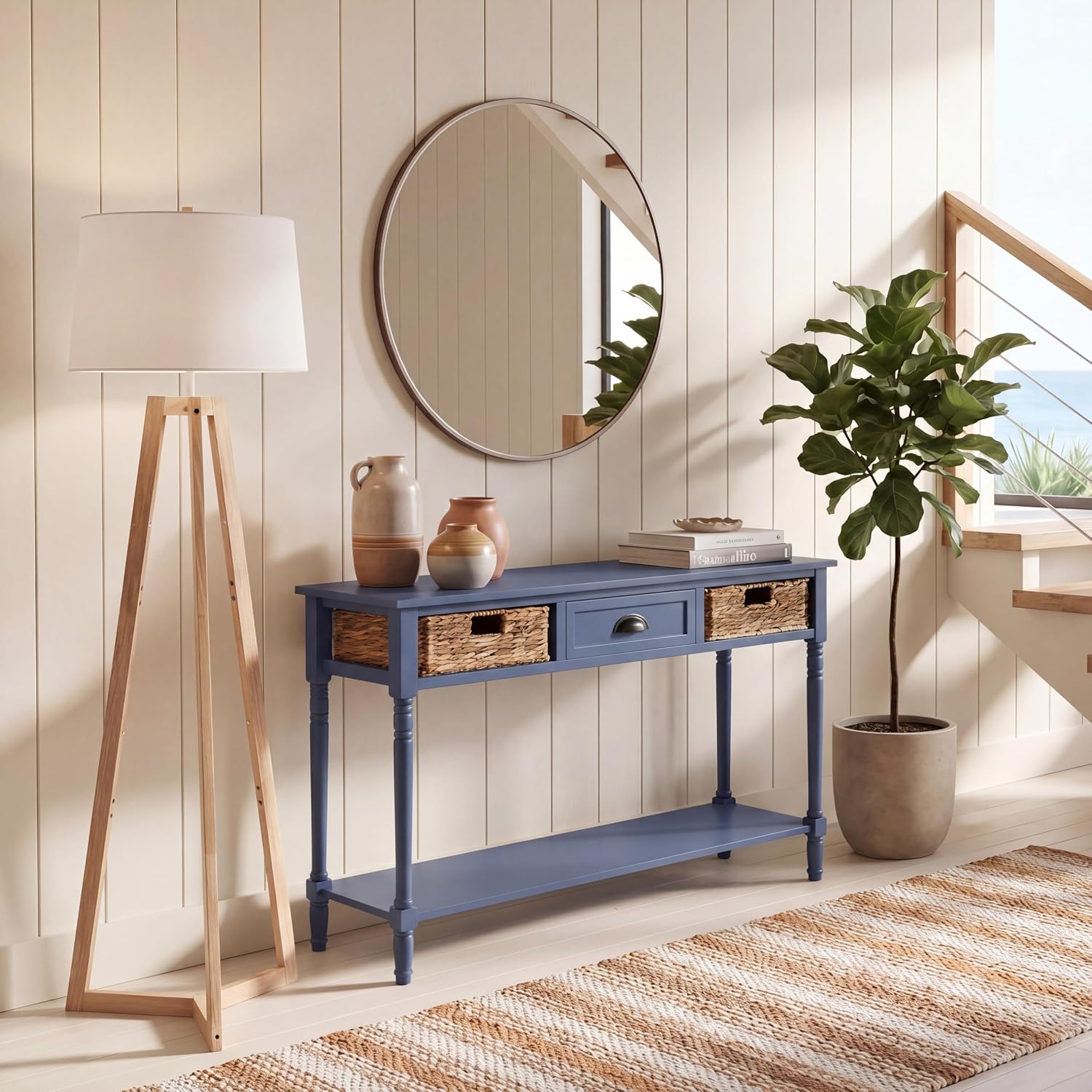 SAFAVIEH Home Collection - Christa Entryway Console Table, Blue Solid Wood 3-Drawer Storage Sofa Table with Rattan Baskets (AMH5737H)