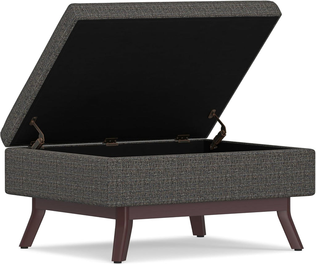 SIMPLIHOME Owen Coffee Table Storage Ottoman - 34' Wide x 19' High Upholstered Tweed Look Fabric Rectangular Lift-Top Ottoman in Ebony, Mid-Century Modern Bench for Living Room with Tapered Legs