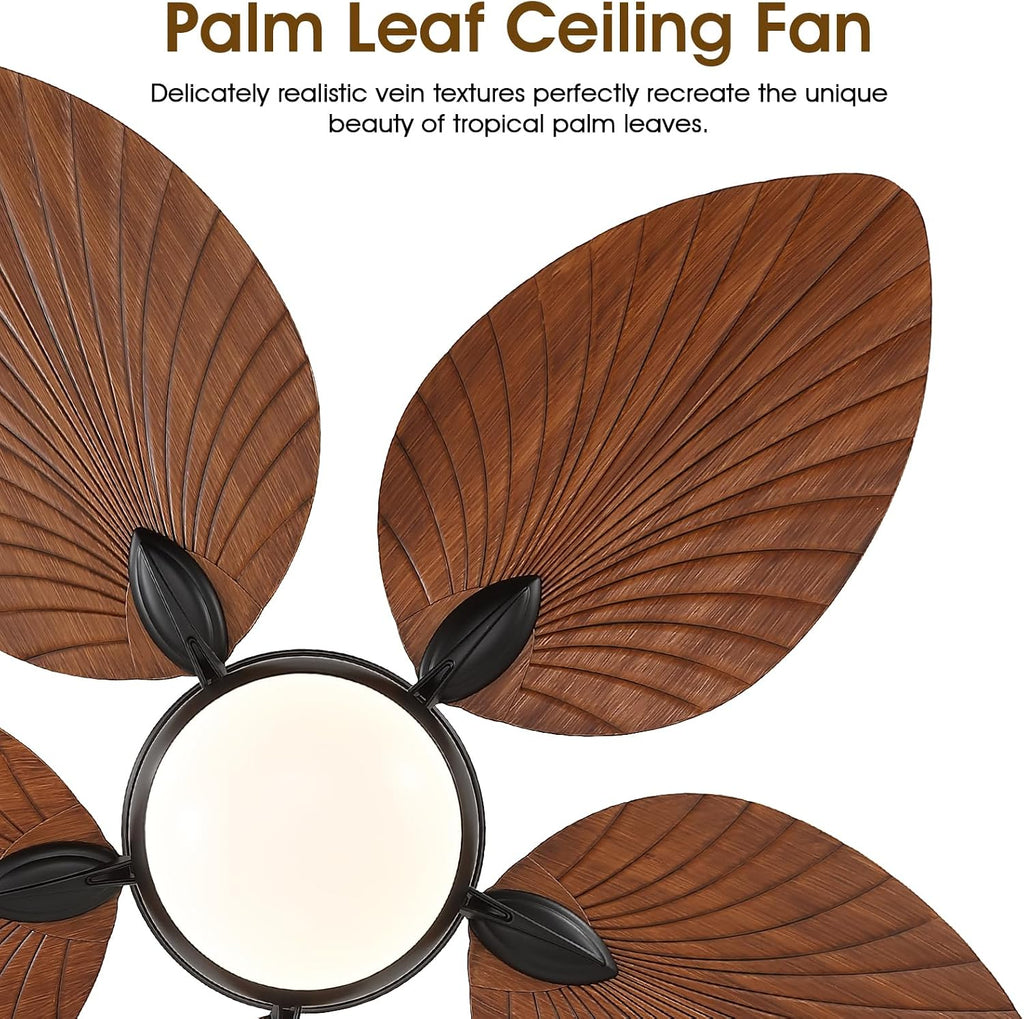 Wiviniya 52 Inch Tropical Ceiling Fans with Lights, Palm Leaf Outdoor Ceiling Fan with Light for Patios Porch Bedroom, Remote/APP Control, Reversible Quiet DC Motor, Dimmable LED, Brown