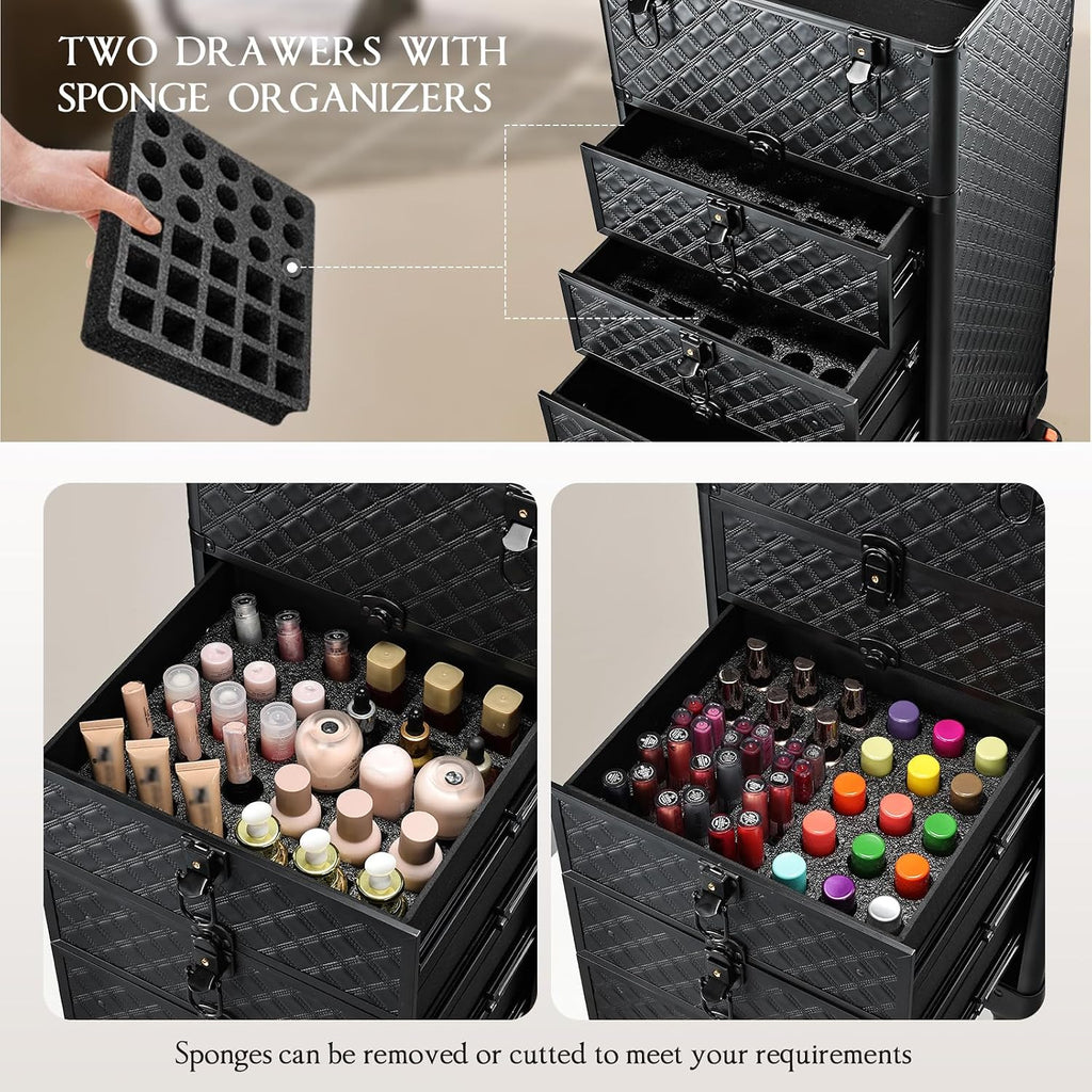 Yueieoun Nail Salon Cart with 4 Drawers,Rolling Makeup Train Case for Beauty,Cosmetology Case on Wheels,Trolley Cart,Lockable Organizer Travel Case for Manicure/Face Painting/Hairstylist/Tattoo Artist