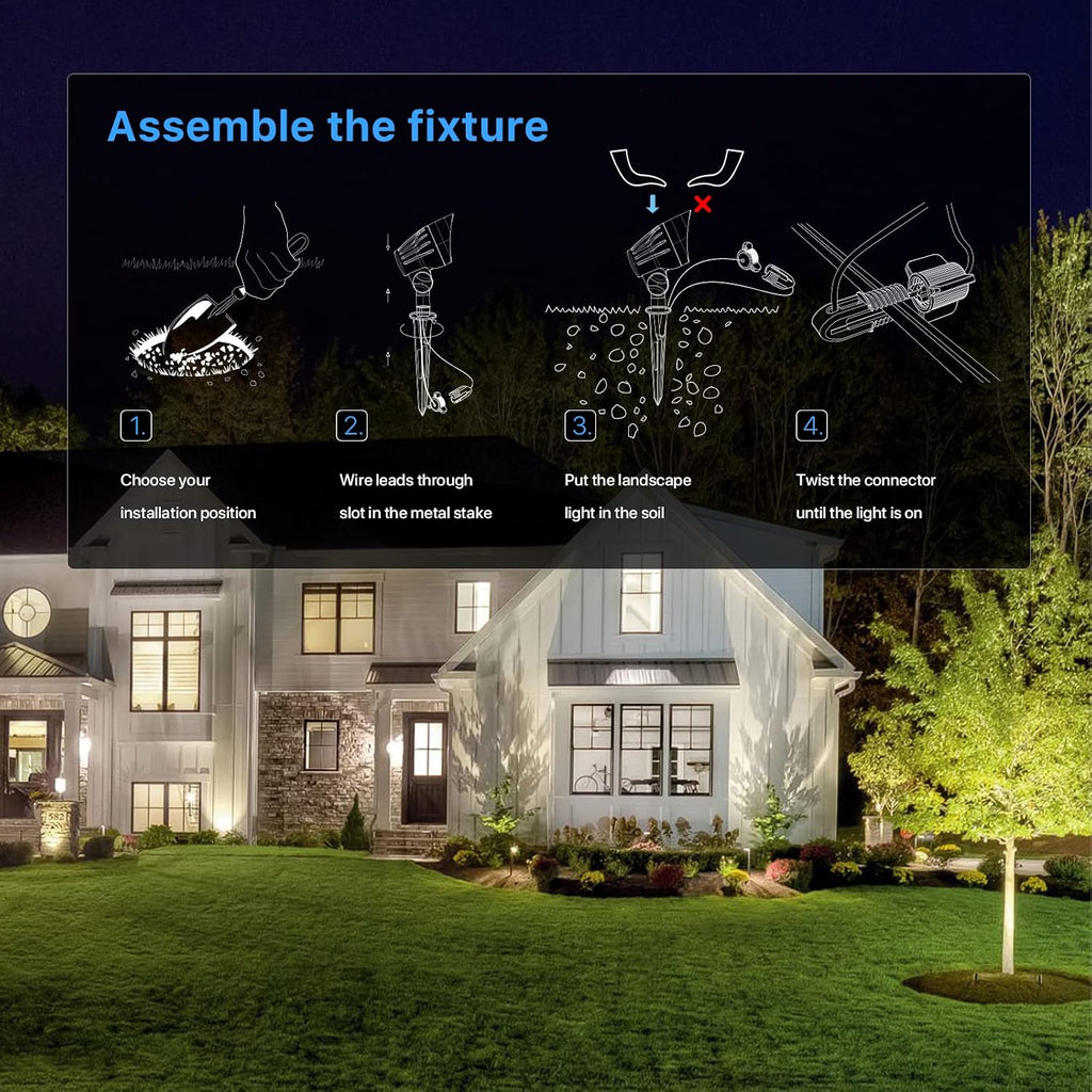 GOODSMANN Low Voltage Spotlights Landscape Lighting 5W LED 8PK Outdoor Floodlights 2700K Warm White Replaceable LED Outside Hardwired Lighting with Metal Stake Cable Connector