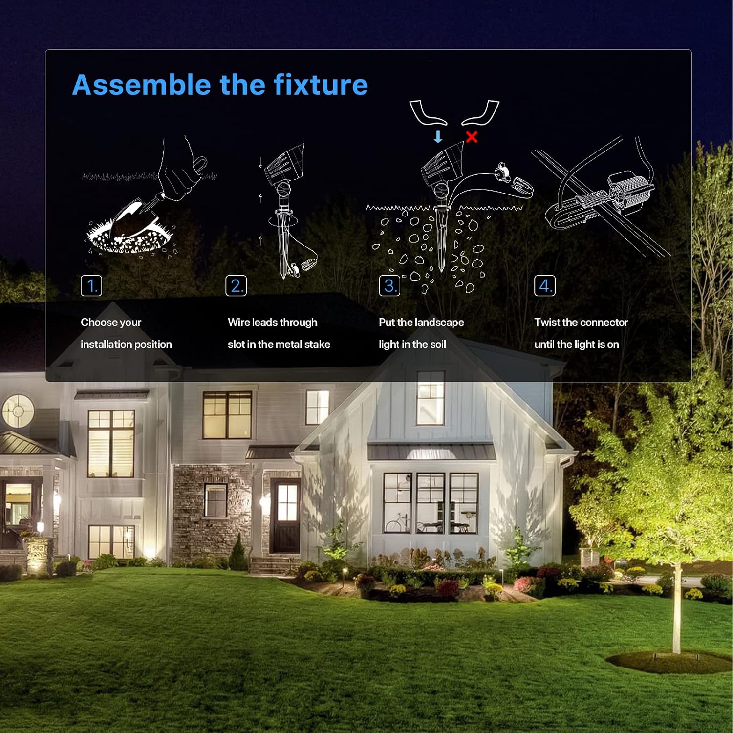 GOODSMANN Low Voltage Spotlights Landscape Lighting 5W LED 8PK Outdoor Floodlights 2700K Warm White Replaceable LED Outside Hardwired Lighting with Metal Stake Cable Connector