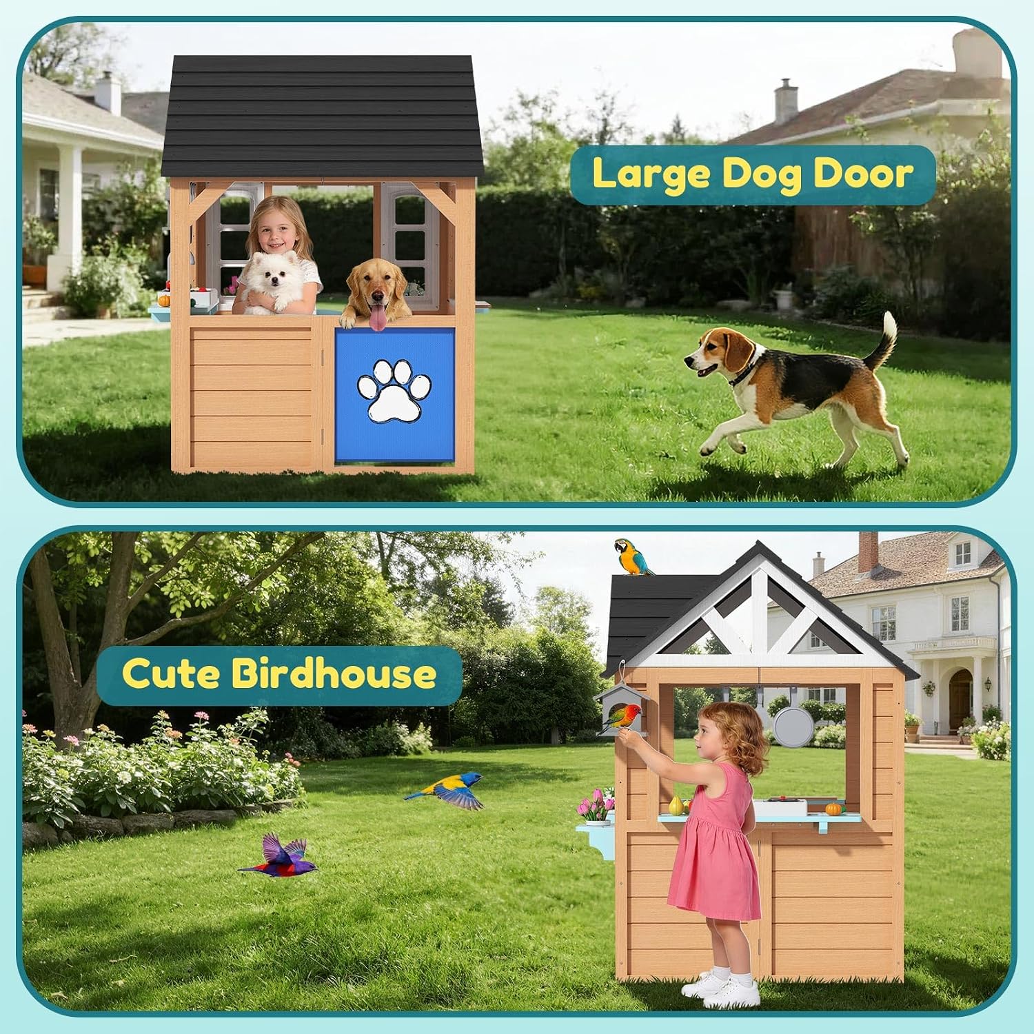 BIERUM Outdoor Playhouse for Kids - Wooden Kid Play House with Play Kitchen, Birdhouse, Flowerpot Holders and Mud Molds, Premium Wood Kids Cottage for Ages 3-8, Backyard Pretend Play, Blue & Brown