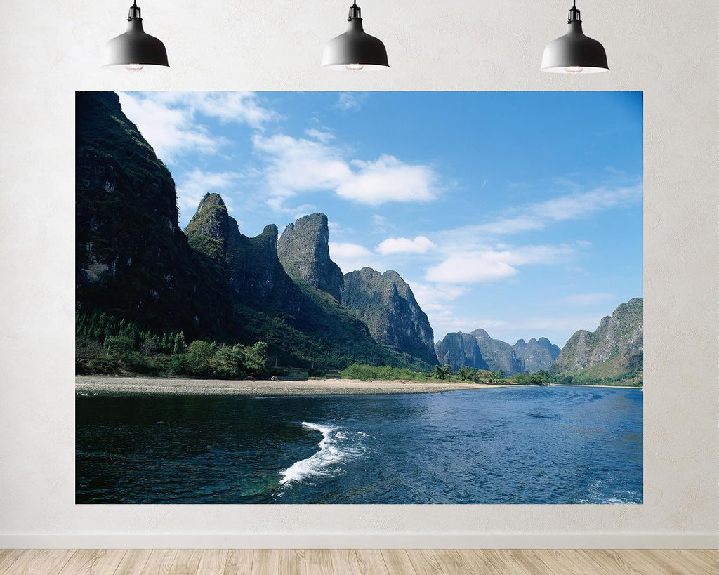 Trykid 20x10ft Karst Peaks River Backdrop Lush Green Mountains Clear Blue Water Bright Sky Scenic Landscape Photography Background for Travel Themed Party Decoration Photo Booth Prop Fabric