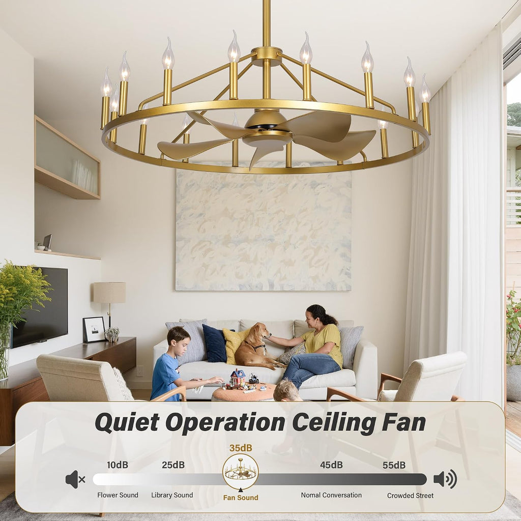 Farmhouse Chandelier Ceiling Fan with Light and Remote, 16-Lights Large Wagon Wheel Fandelier with Candle for Living Room, Gold Fan with Big Light Fixture for Living Room