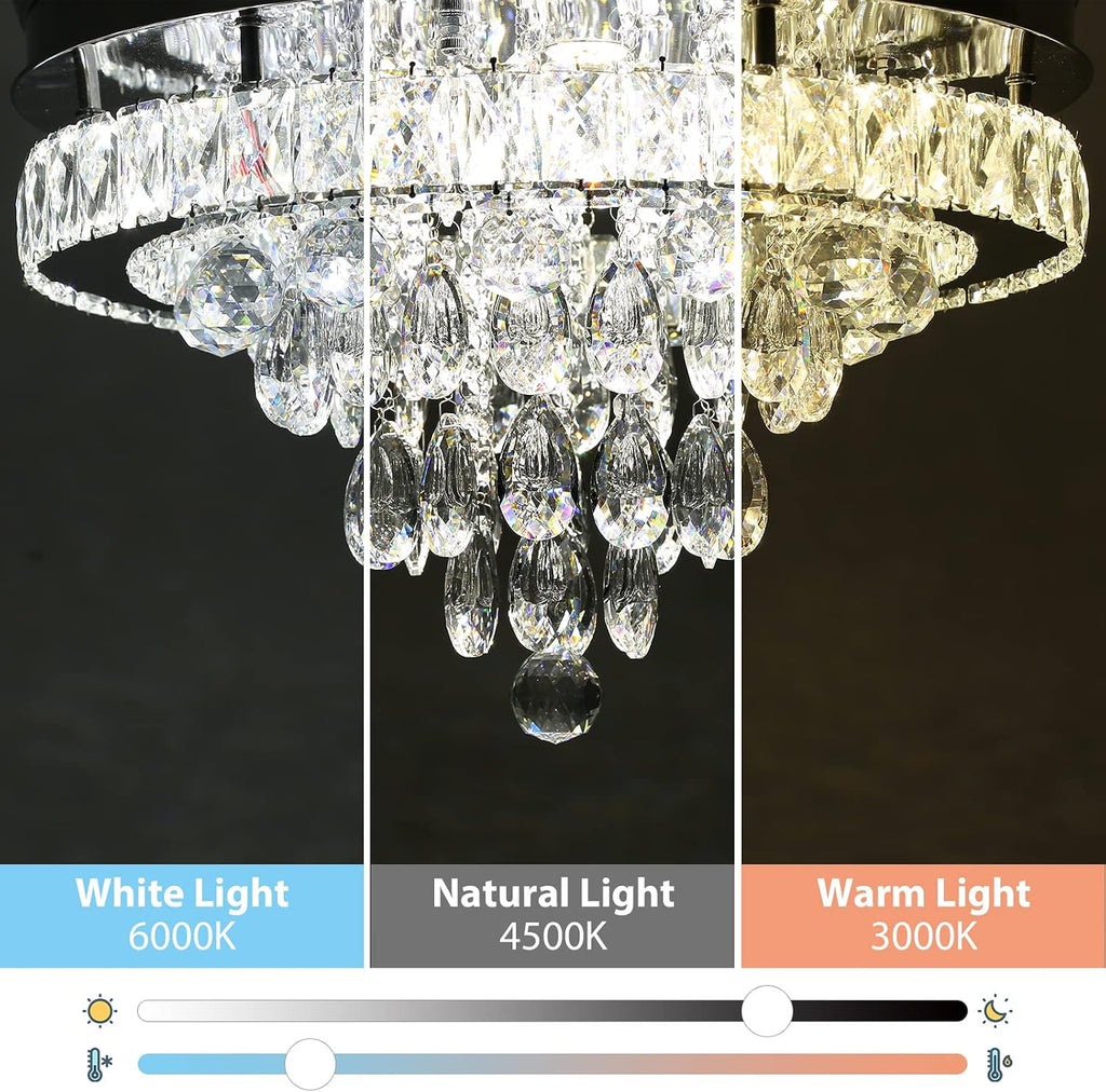 Finktonglan 42' Crystal Fandelier Ceiling Fan with Lights, Retractable Blades, Dimmable 60W LED, Remote & App Control, Quiet Reversible Motor, 6 Speeds & Timer, Downrod Mount for Bedroom/Living Room