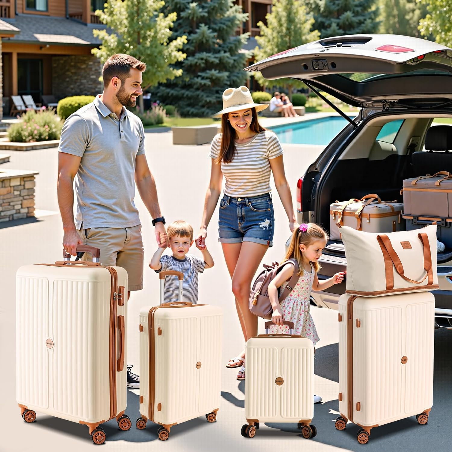 Hoteel Luggage Sets 6 Piece ABS+PC Hardside, 4-Year Warranty, Luggage Set with Spinner Wheels, TSA Lock, Lightweight Carry on Luggage, 16'/20'/24'/28' Suitcase with Duffel & Organizer, Beige